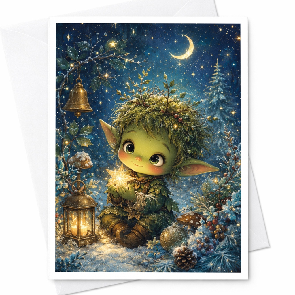 Cute Moss Fairy Elf Blank Greeting Card Enchanted Forest Fantasy Art For Nature Lover Whimsical Magical Woodland Card C4962