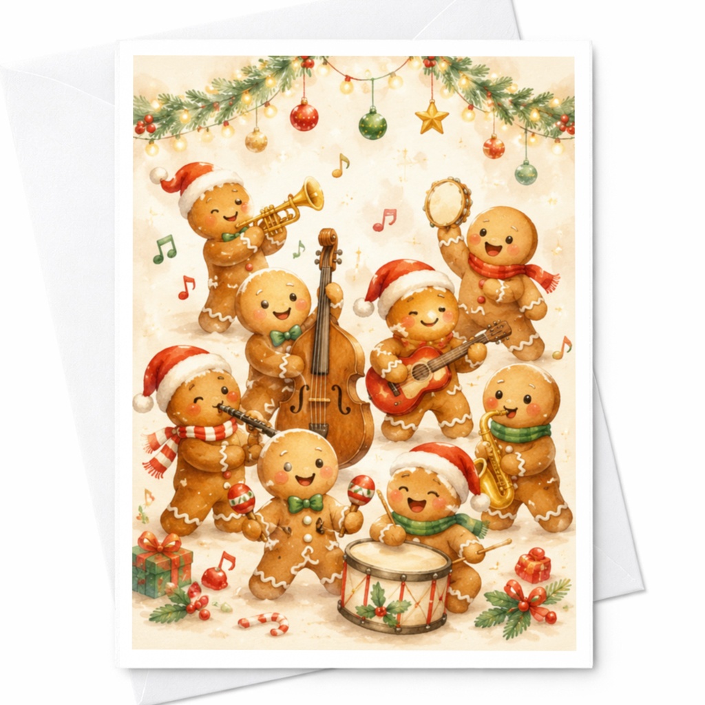 Gingerbread Band Christmas Card Cute Holiday Greeting Card For Music Lovers Festive Xmas Card With Santa Hats And Instruments C4966