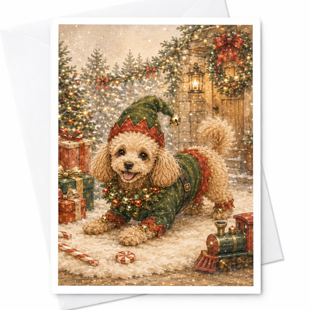 Cute Christmas Dog In Elf Costume Greeting Card Holiday Card For Dog Lovers Festive Puppy Christmas Card With Presents C4972