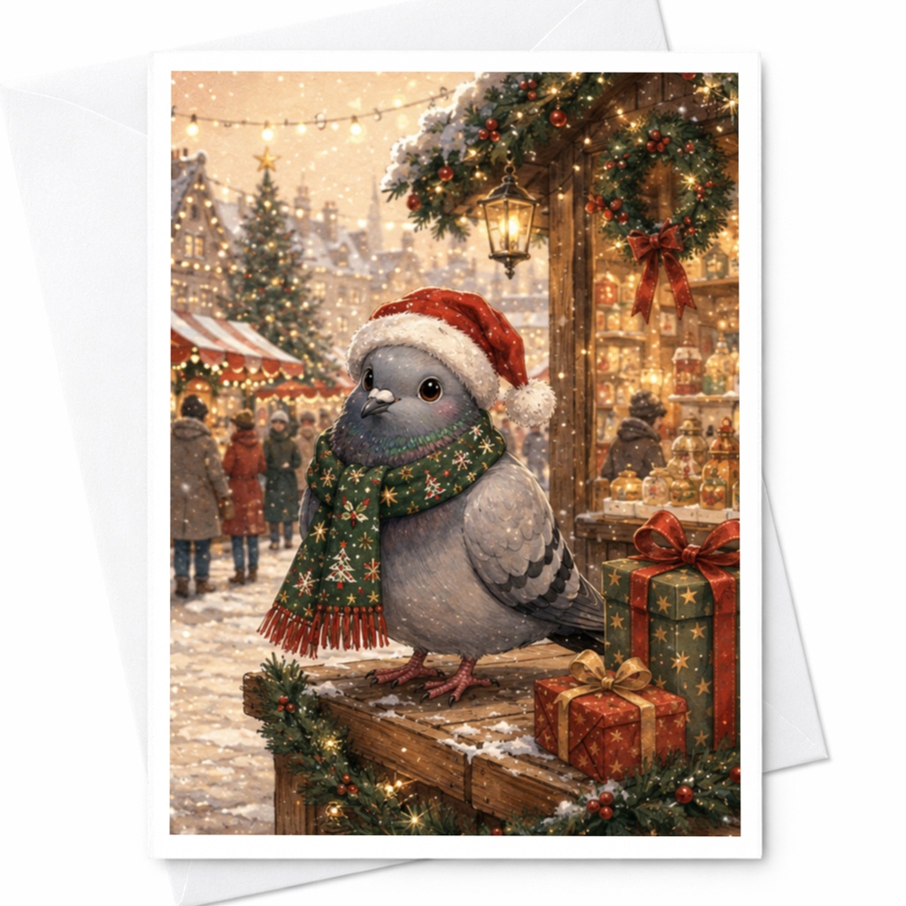 Christmas Pigeon Greeting Card Cute Holiday Bird Card Festive Winter Scene Christmas Card For Bird Lover Seasonal Art C4974