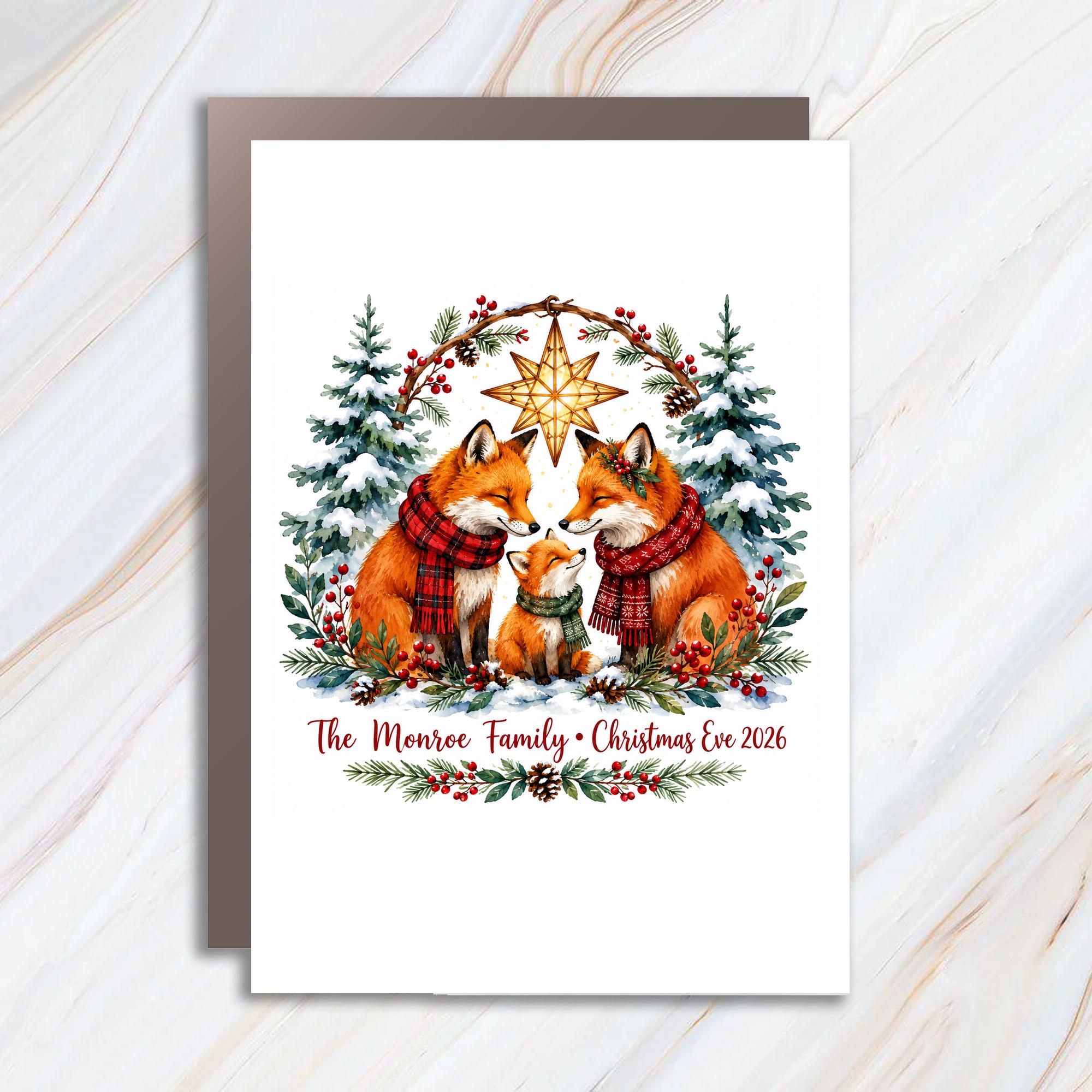 Christmas Eve 2026 Personalized Christmas Card Fox Family Holiday Greeting Card Custom Family Name Xmas Card C1092