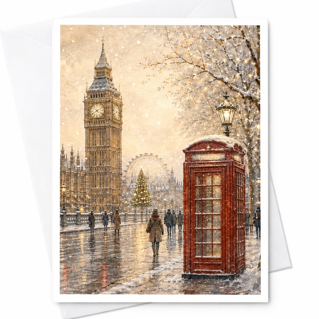 London Winter Scene Christmas Card Big Ben Red Phone Booth Snowy Holiday Greeting Card For Friends Family Uk Lover C4982