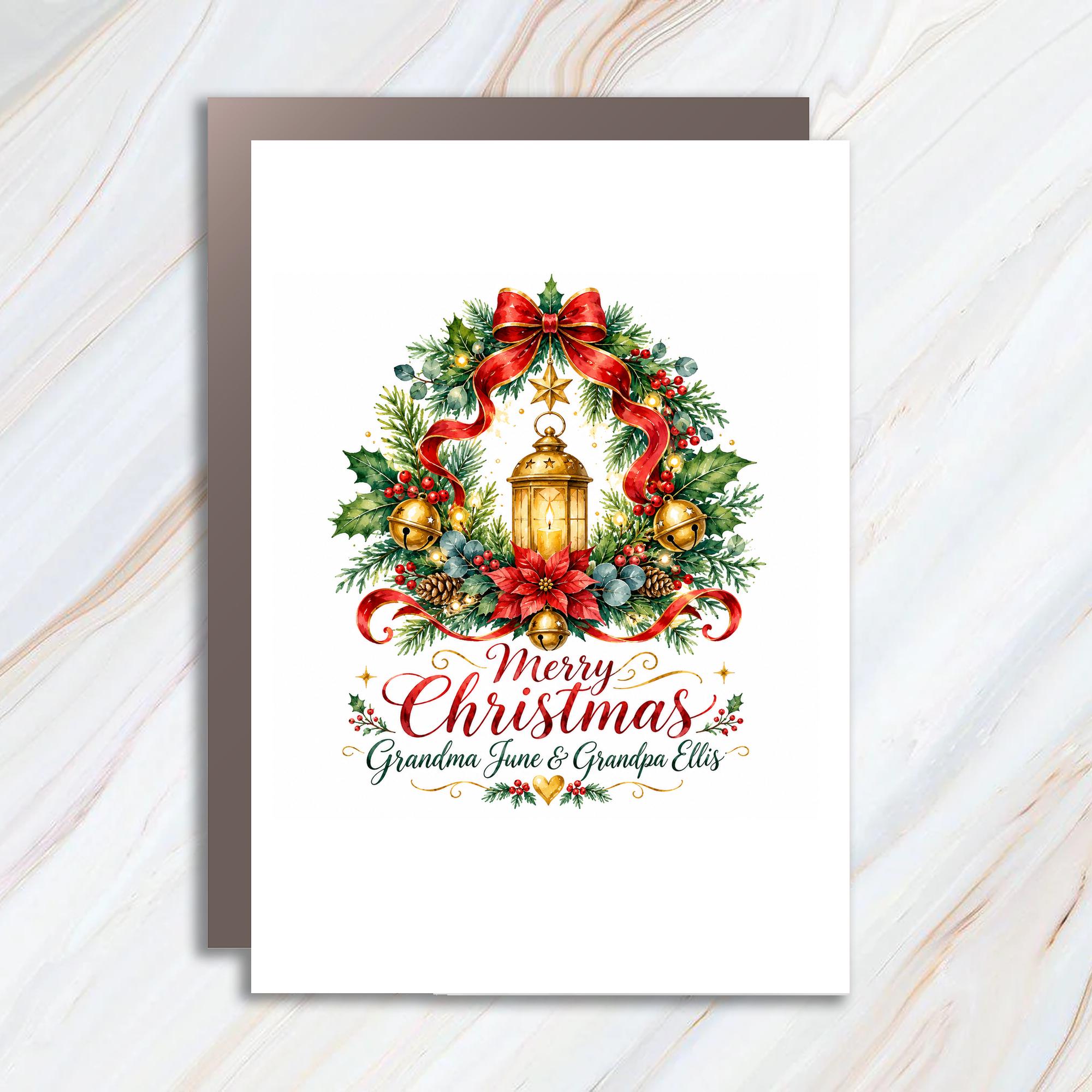 Merry Christmas Grandma & Grandpa Christmas Card Festive Holiday Greeting Card For Grandparents With Wreath C1094