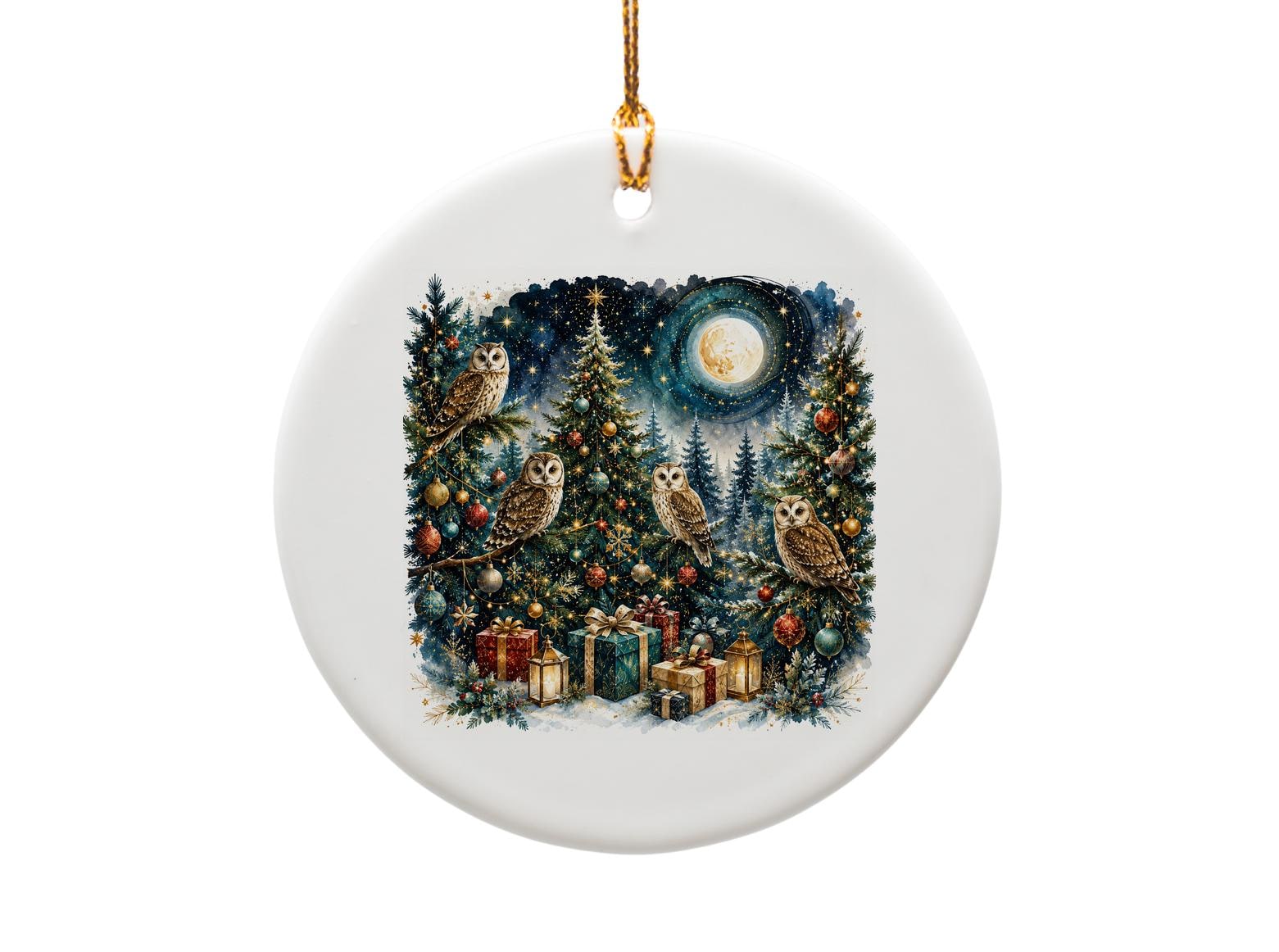 Owls In Christmas Forest Ornament Holiday Decor Woodland Scene Winter Night Festive Tree Decoration Gift O1096