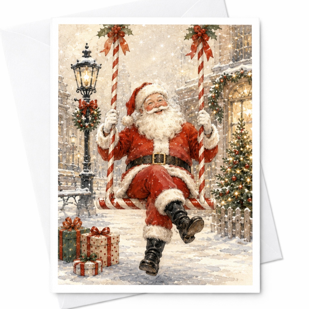Santa Claus Swing Christmas Card Festive Holiday Greeting Card For Kids Family Cute Santa Scene Winter Wonderland C4983