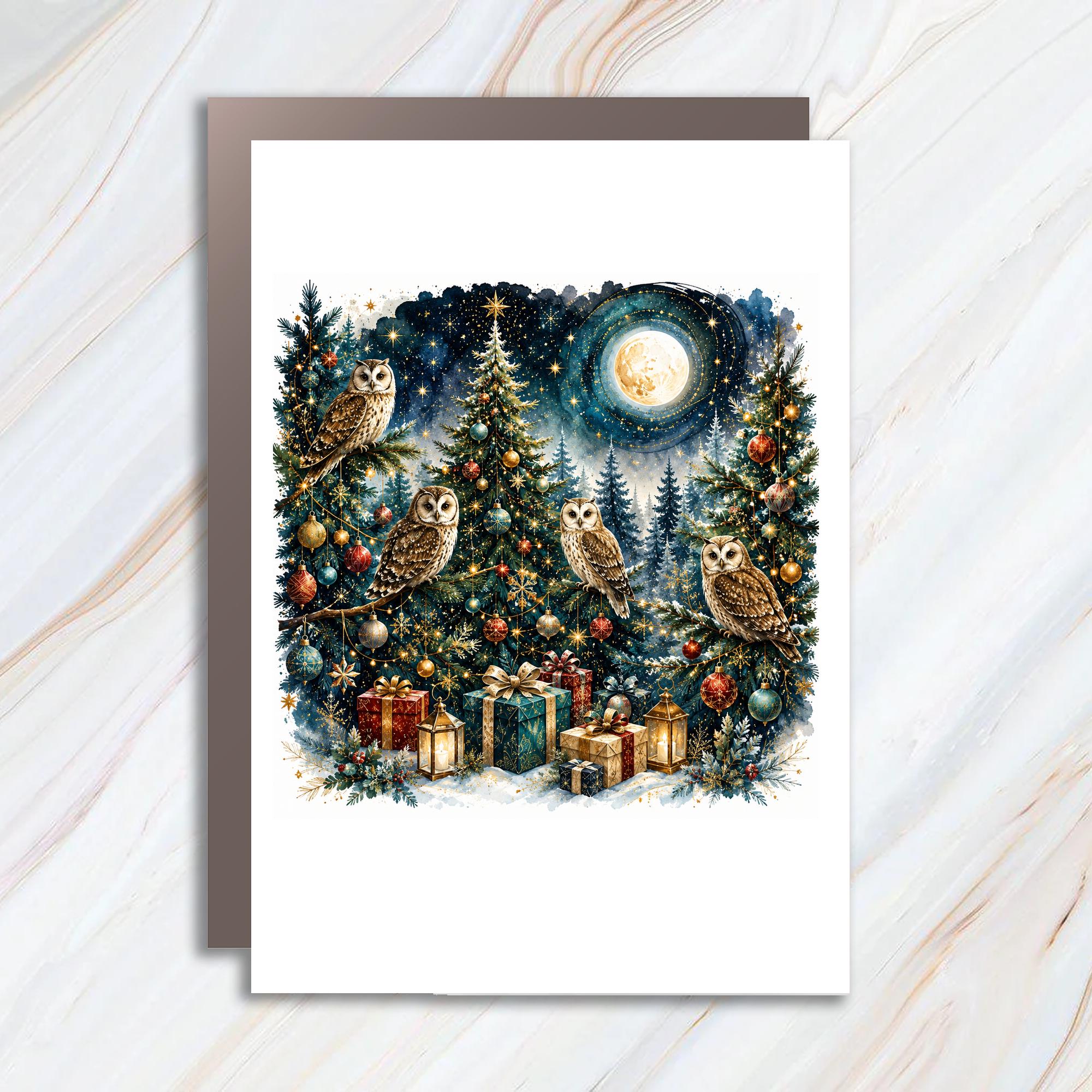 Owls In Festive Forest Christmas Card Holiday Greeting Card Woodland Animal Lover Winter Scene Cute Nature Card C1096