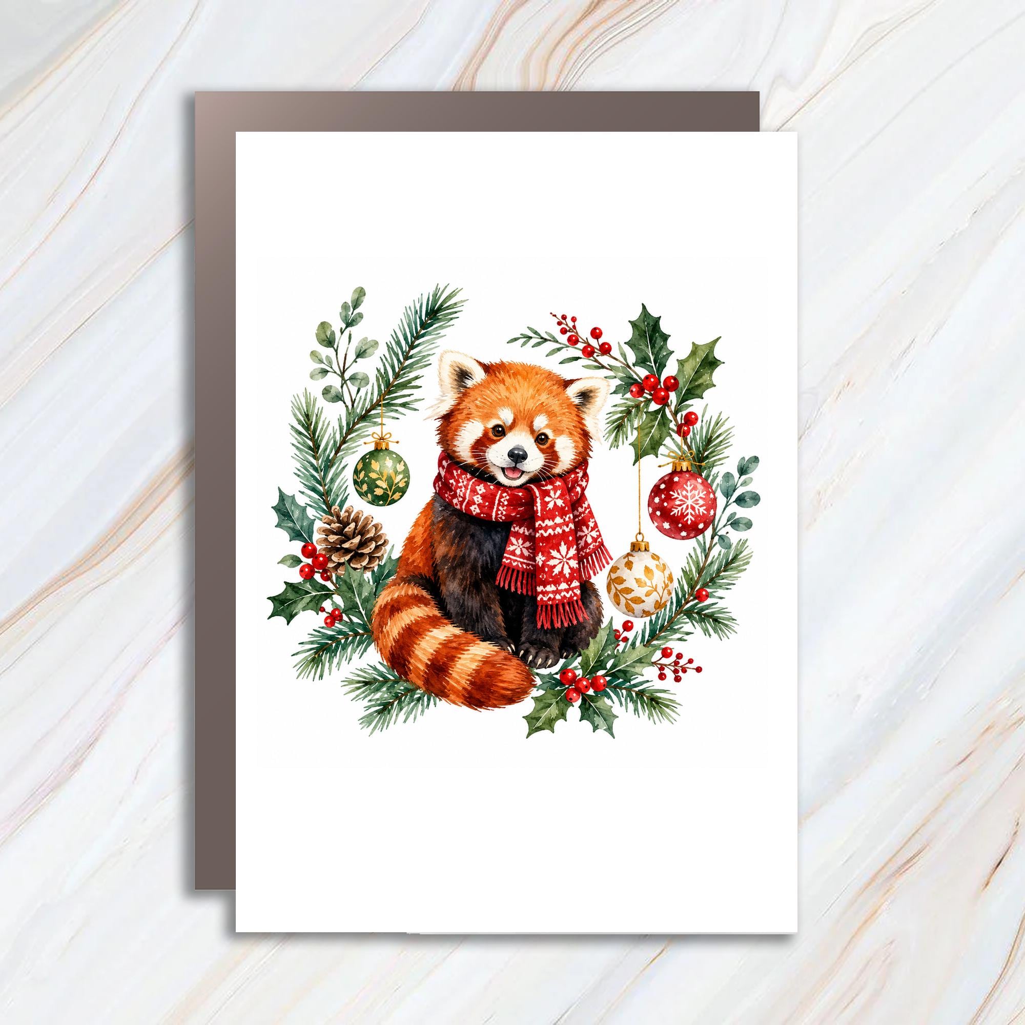 Red Panda Christmas Card Cute Animal Holiday Greeting Card For Animal Lover Festive Winter Card With Ornaments Pinecones C1097