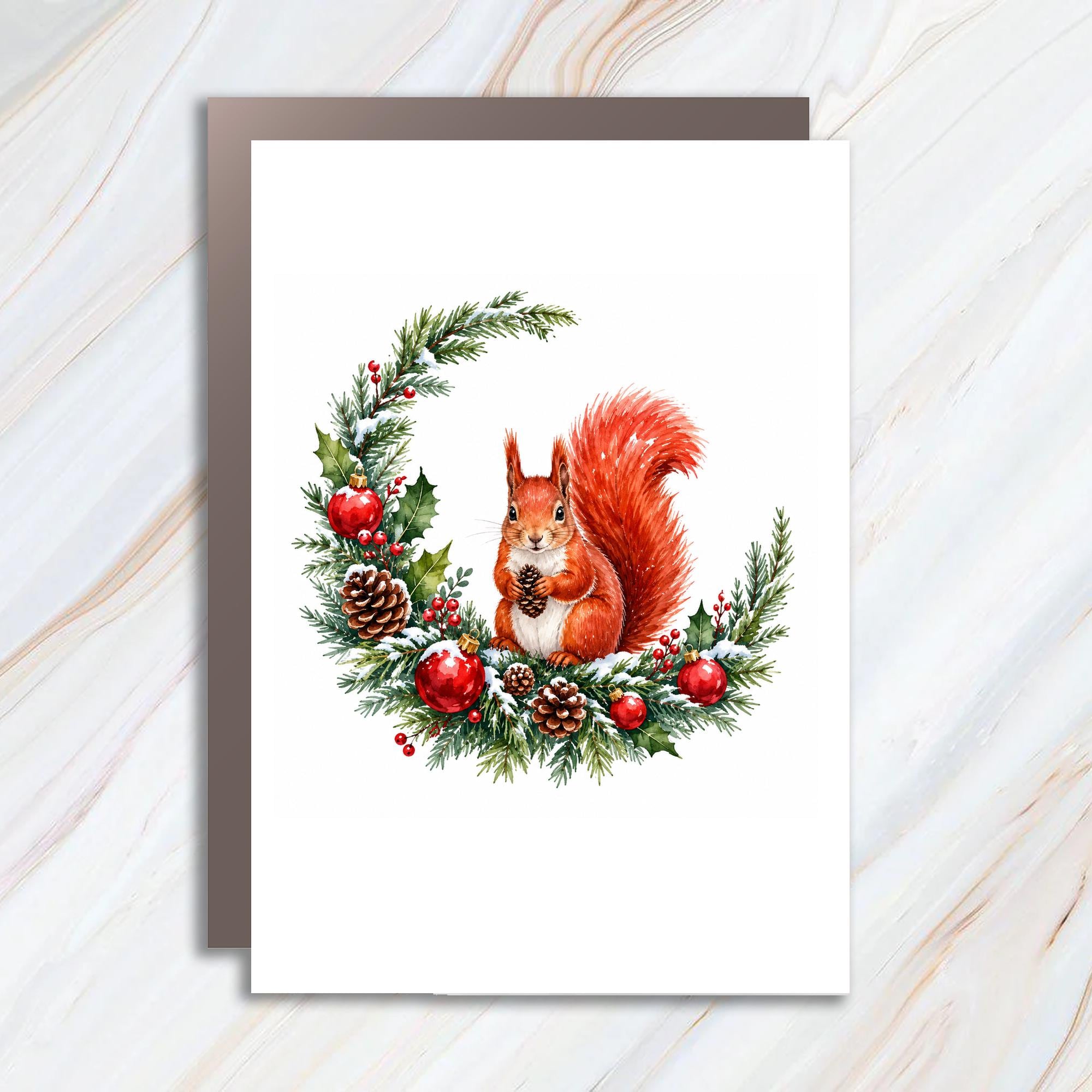 Squirrel Christmas Card Cute Holiday Greeting Card Winter Animal Card For Nature Lover Festive Pinecone Wreath C1099
