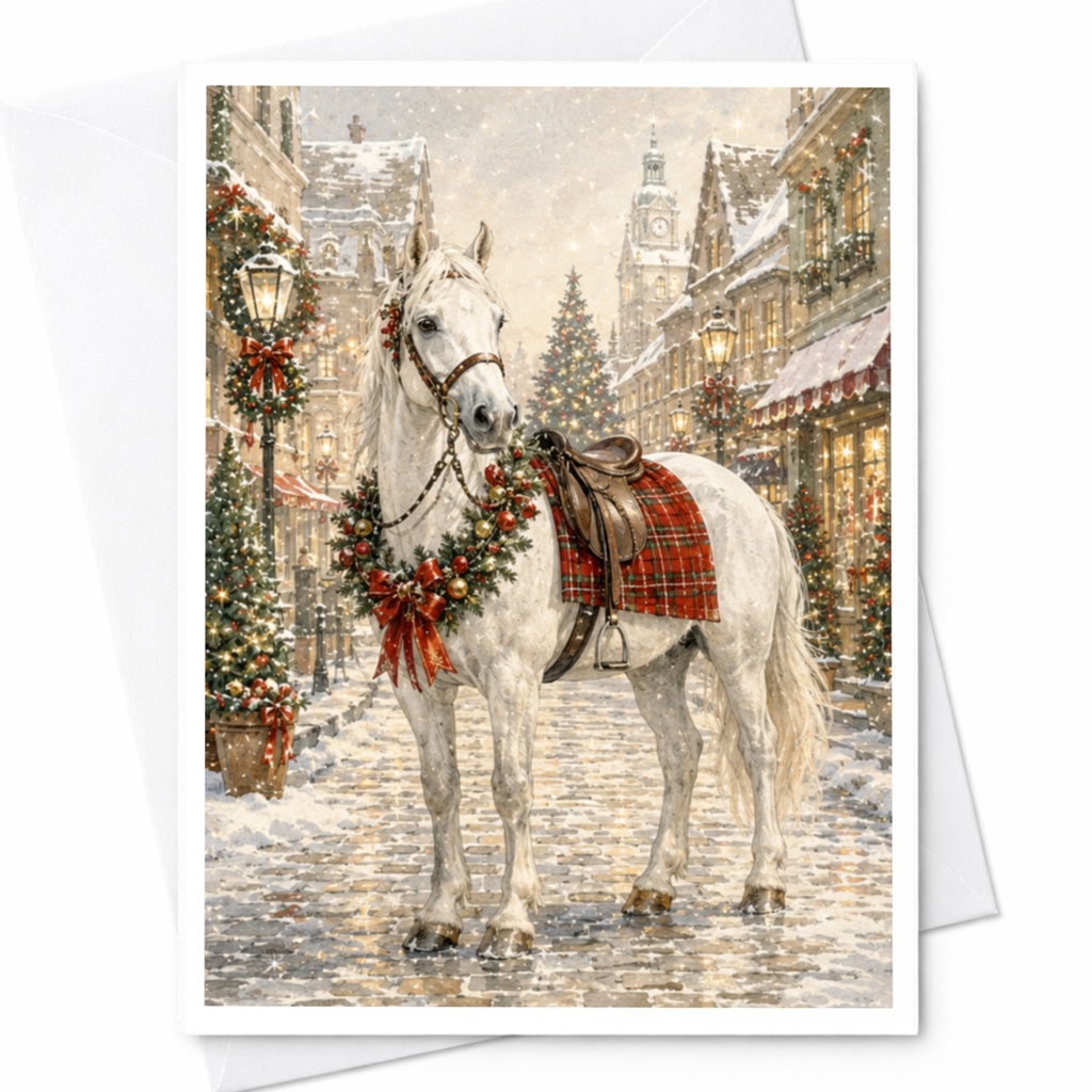 Horse With Christmas Decorations Card Holiday Greeting Card Winter Scene For Horse Lover Festive Christmas Card Elegant C4989