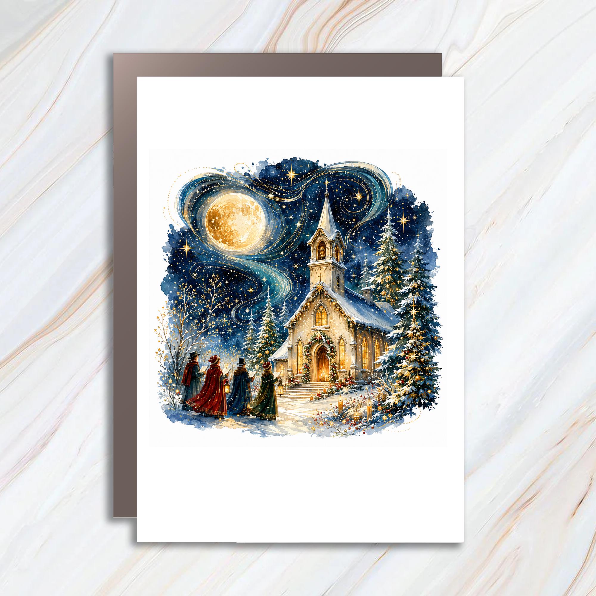 Christmas Church Scene Greeting Card Winter Carolers Holiday Card For Family Religious Christmas Card Snowy Night Art C1100
