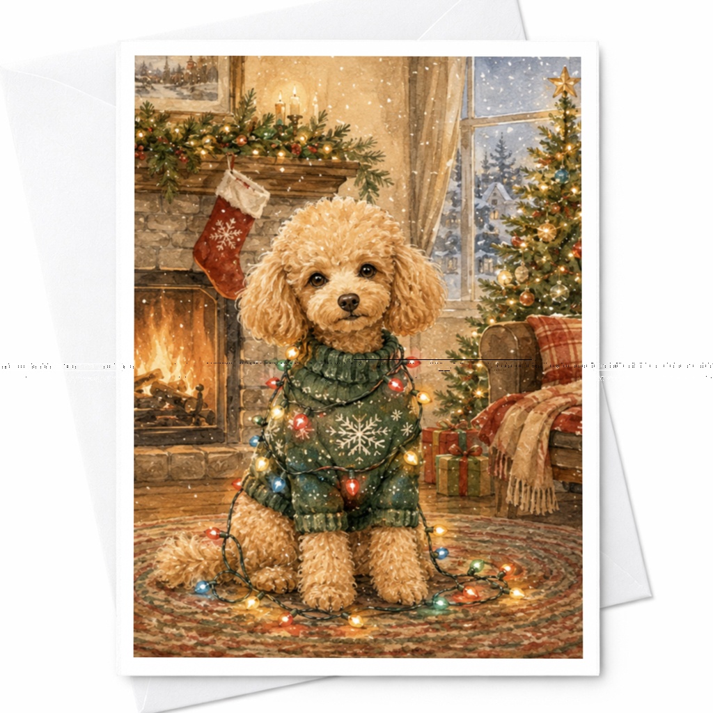 Dog With Christmas Lights Card Cute Holiday Greeting Card For Dog Lover Cozy Winter Scene Christmas Card With Puppy C4994