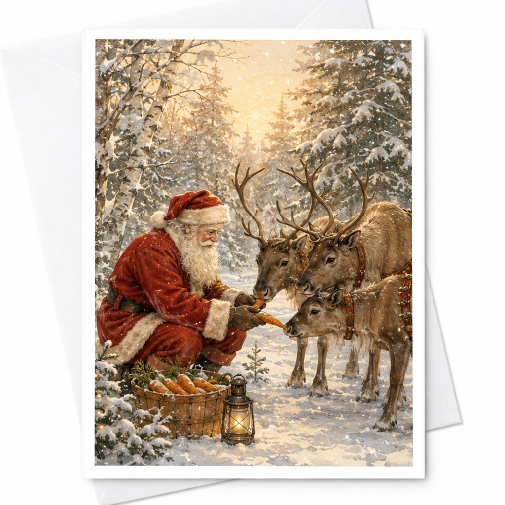 Santa And Reindeer Christmas Card Festive Holiday Greeting Card For Husband Family Winter Scene With Snowy Forest C4995