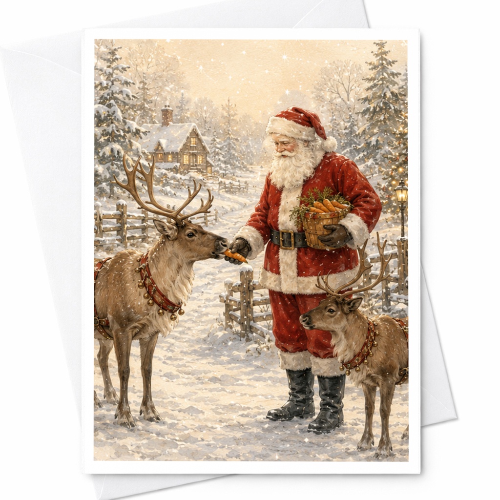 Santa And Reindeer Christmas Card Festive Holiday Greeting Card Winter Scene For Husband Family Cute Seasonal Card C4996