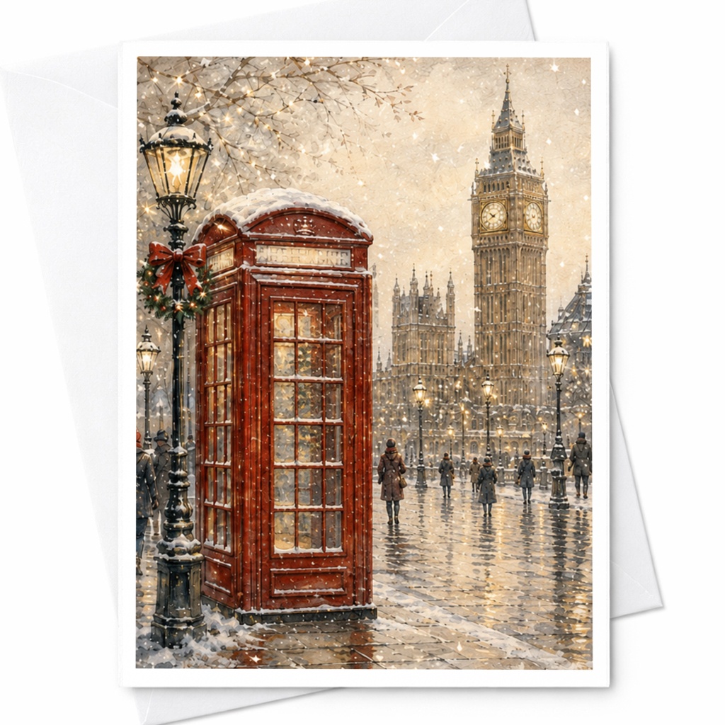 London Winter Scene Christmas Card Red Phone Booth Snowy Big Ben Holiday Greeting Card For Friends Family Uk Lover C4981