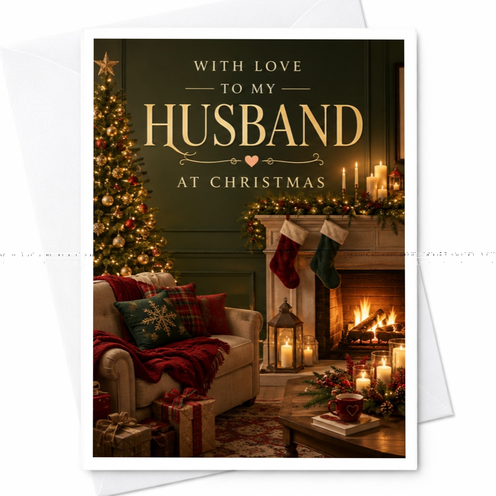 With Love To My Husband At Christmas Romantic Christmas Card For Husband Cozy Holiday Greeting Card Festive Fireplace Scene C4997