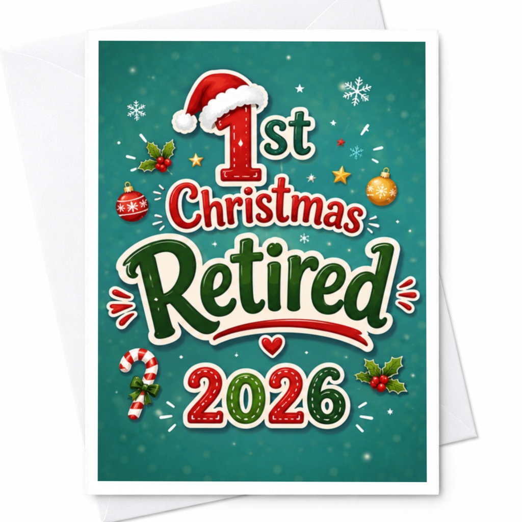 1st Christmas Retired 2026 Festive Christmas Card For Retiree Holiday Greeting Card Santa Hat Holly C5007