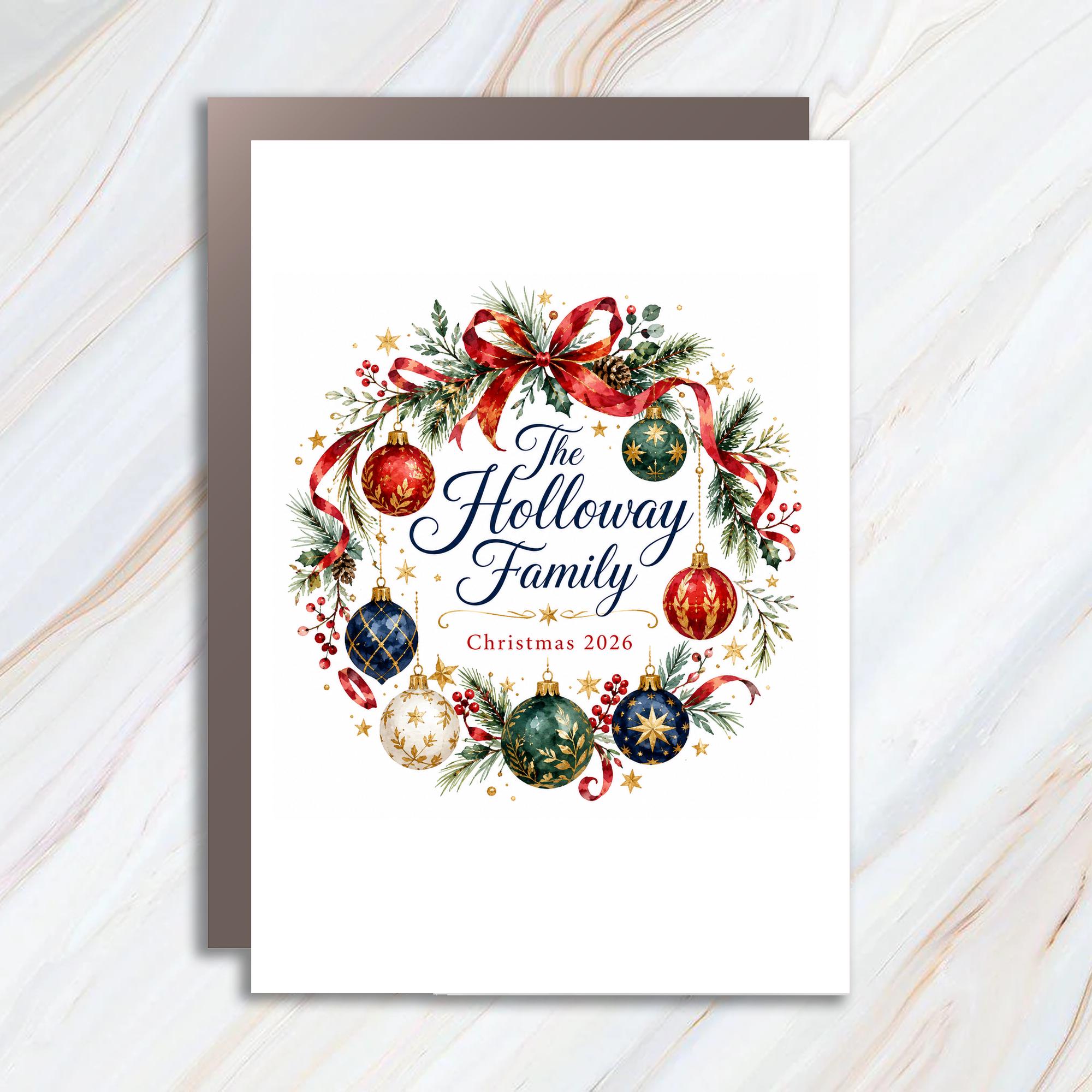 Family Christmas 2026 Personalized Christmas Card Festive Wreath Holiday Greeting Card Custom Family Name C1091