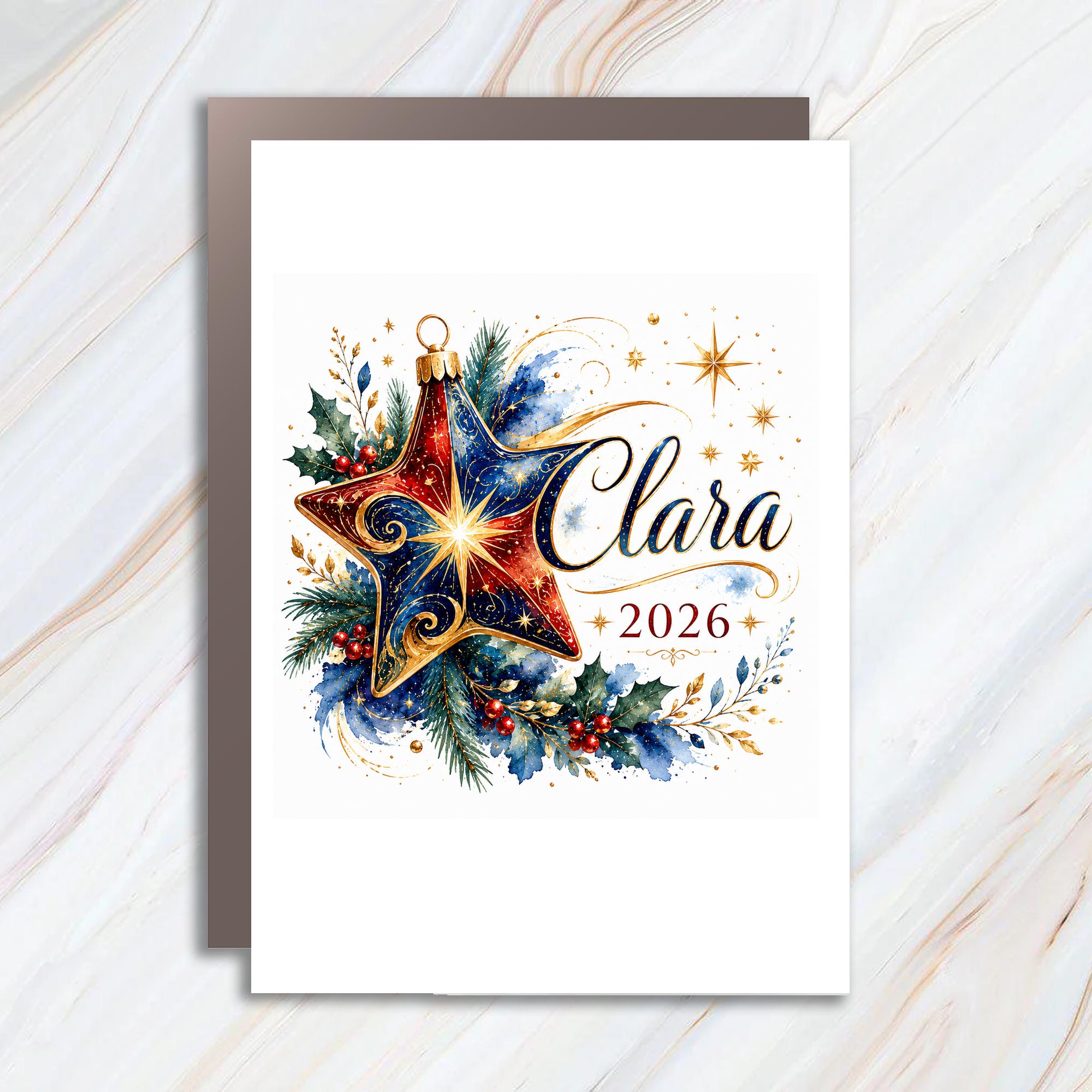 Clara 2026 Personalized Christmas Card Star Ornament Holiday Greeting Card Custom Name Festive Card For Her C1095