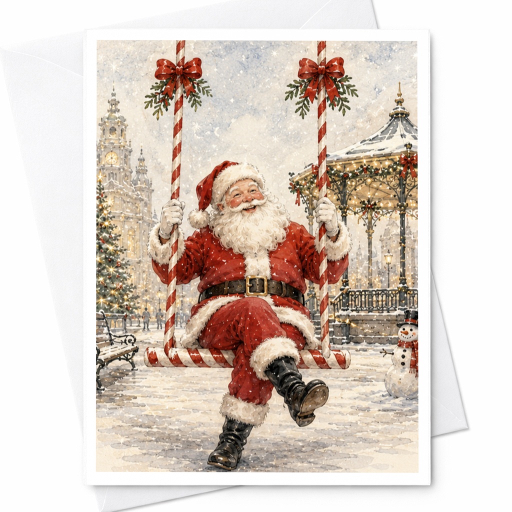 Santa Claus Swing Christmas Card Festive Holiday Greeting Card For Kids Family Cute Santa Scene Winter Wonderland Card C4984