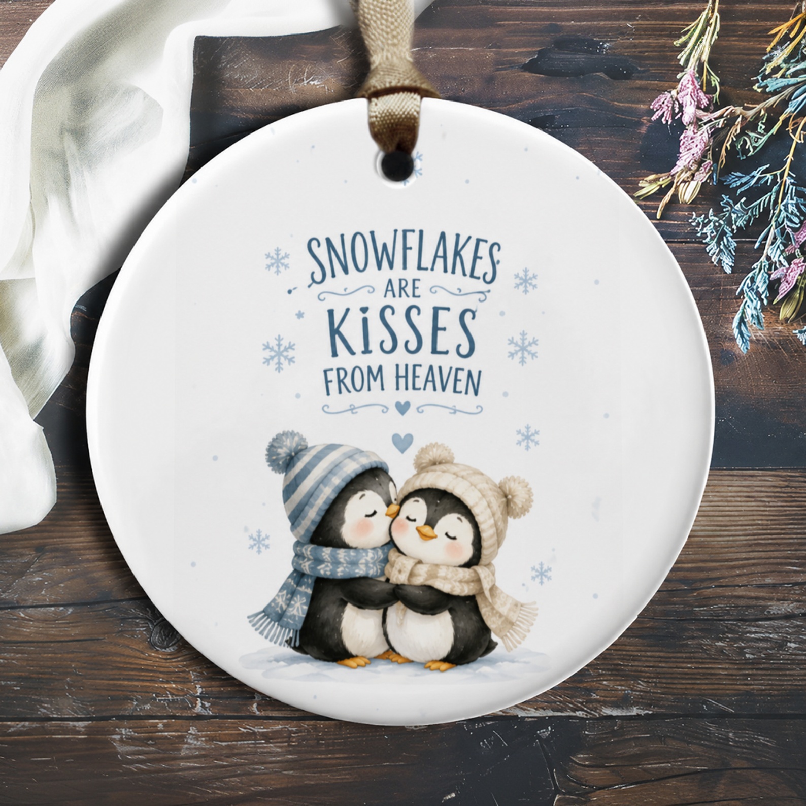Snowflakes Are Kisses From Heaven Penguin Ornament Christmas Decor Cute Winter Holiday Gift For Her Him Animal Lover O895