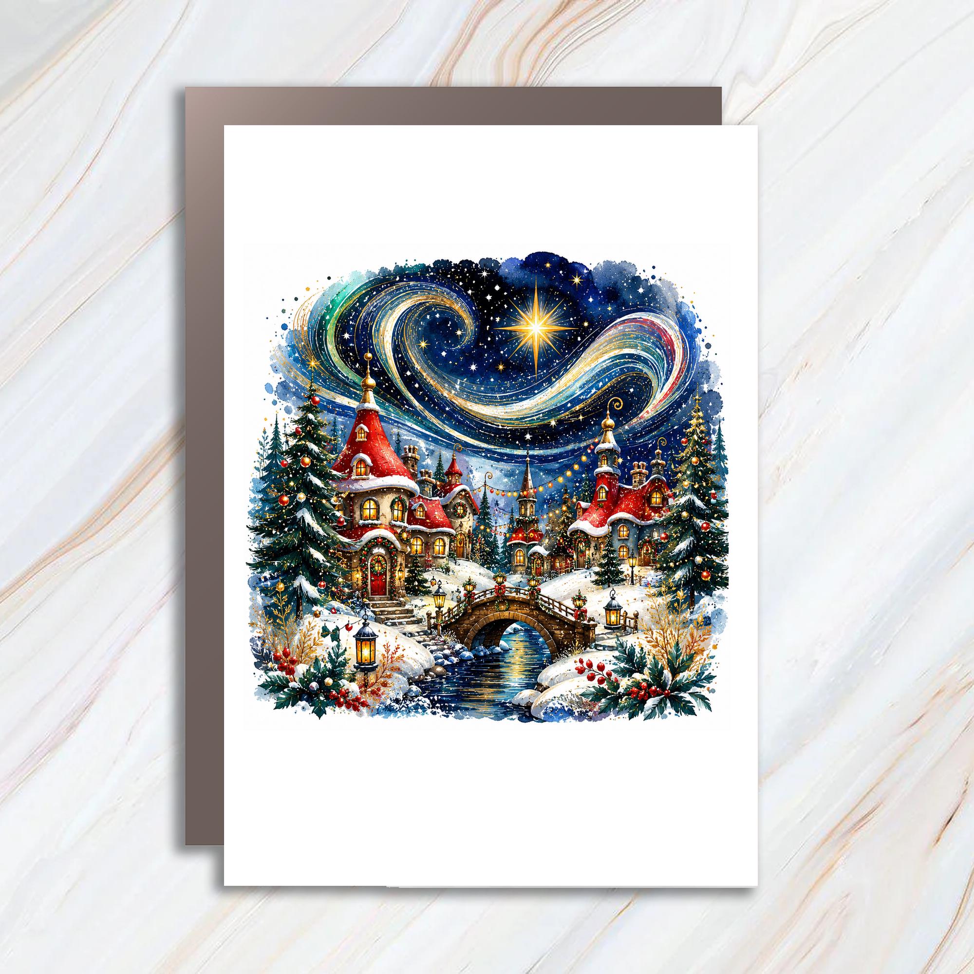 Christmas Village Scene Greeting Card Festive Holiday Card Winter Wonderland Art For Family Friends Seasonal Celebration C1098
