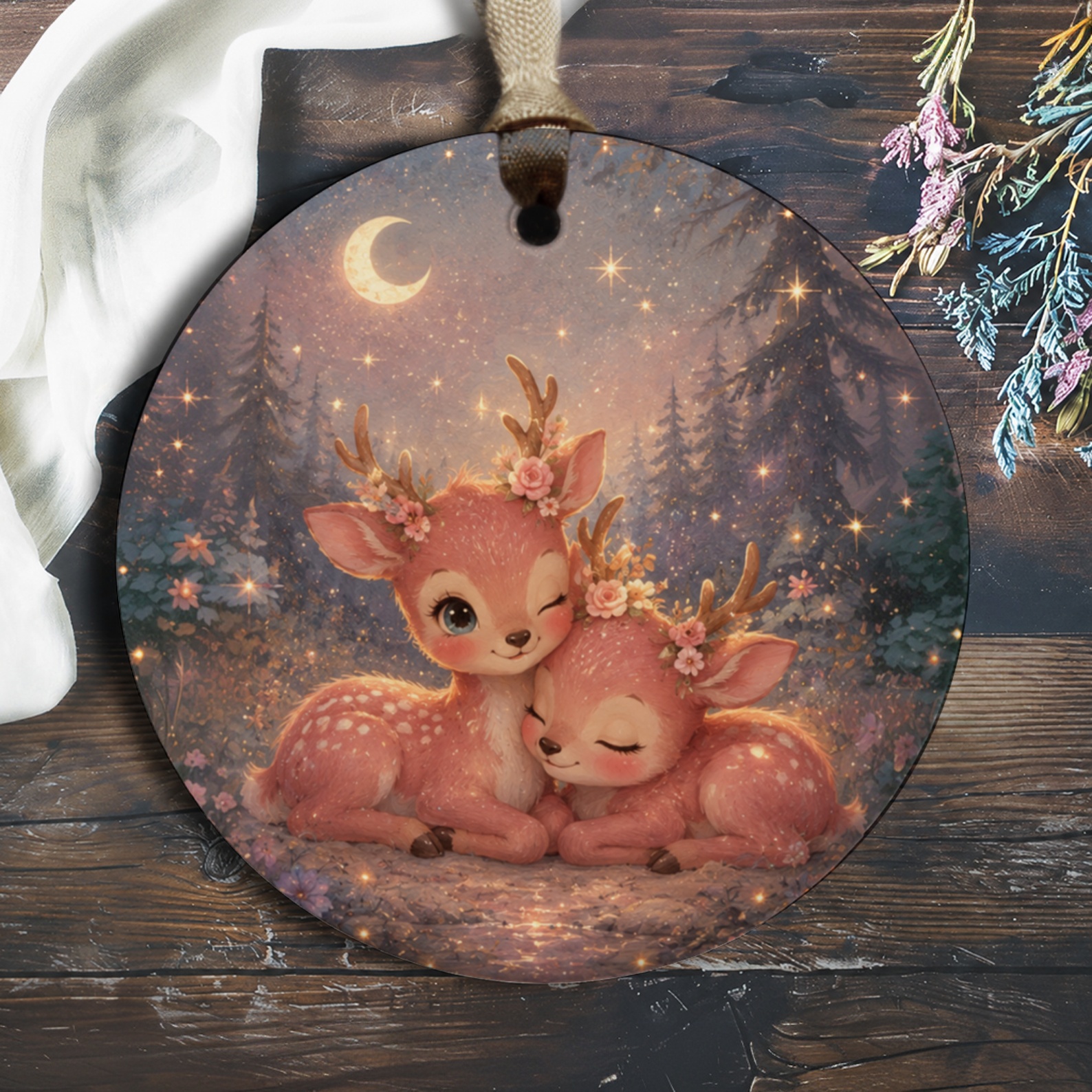 Cute Deer Couple Ornament Romantic Woodland Decor Moonlit Forest Scene Adorable Animal Lovers Gift Nature Inspired Ornament O899