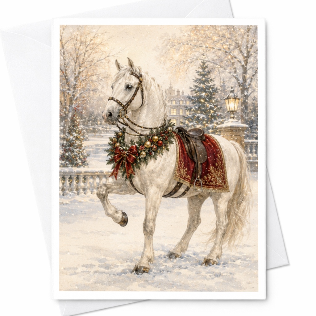 Elegant Horse Christmas Greeting Card Winter Scene Holiday Card For Horse Lover Festive Snowy Landscape Art Card C4990