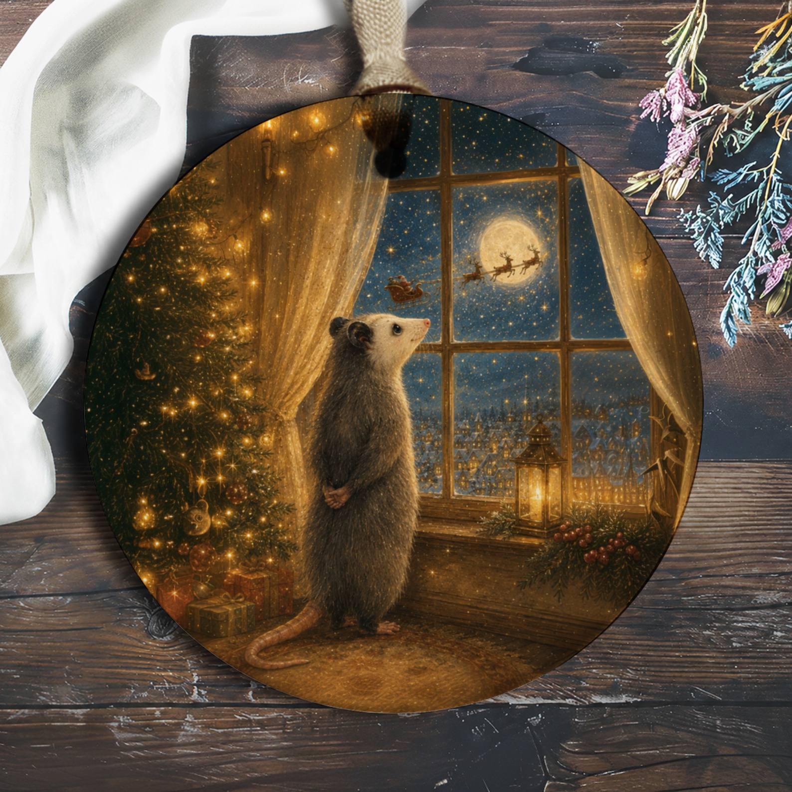 Christmas Possum Ornament Santa Sleigh Scene Holiday Decor Cute Animal Christmas Tree Decoration Winter Wonderland Gift O904
