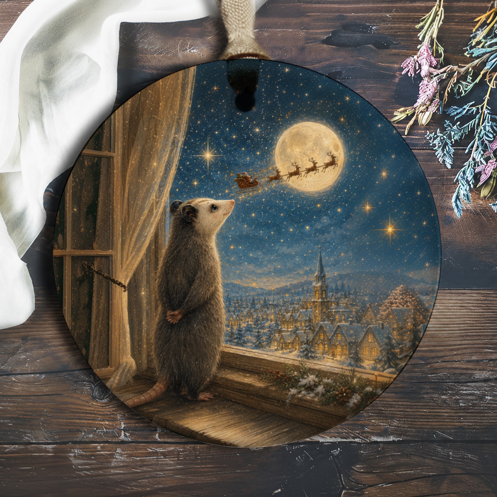Possum Watching Santa Sleigh Christmas Ornament Cute Animal Holiday Decor Winter Night Scene Festive Home Decoration O905