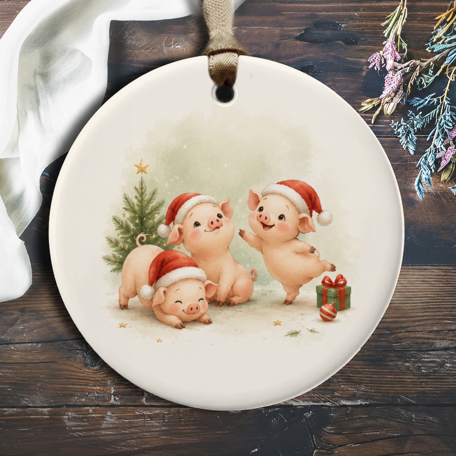 Three Pigs In Santa Hats Christmas Ornament Cute Holiday Decor Festive Tree Decoration Animal Lover Gift O907