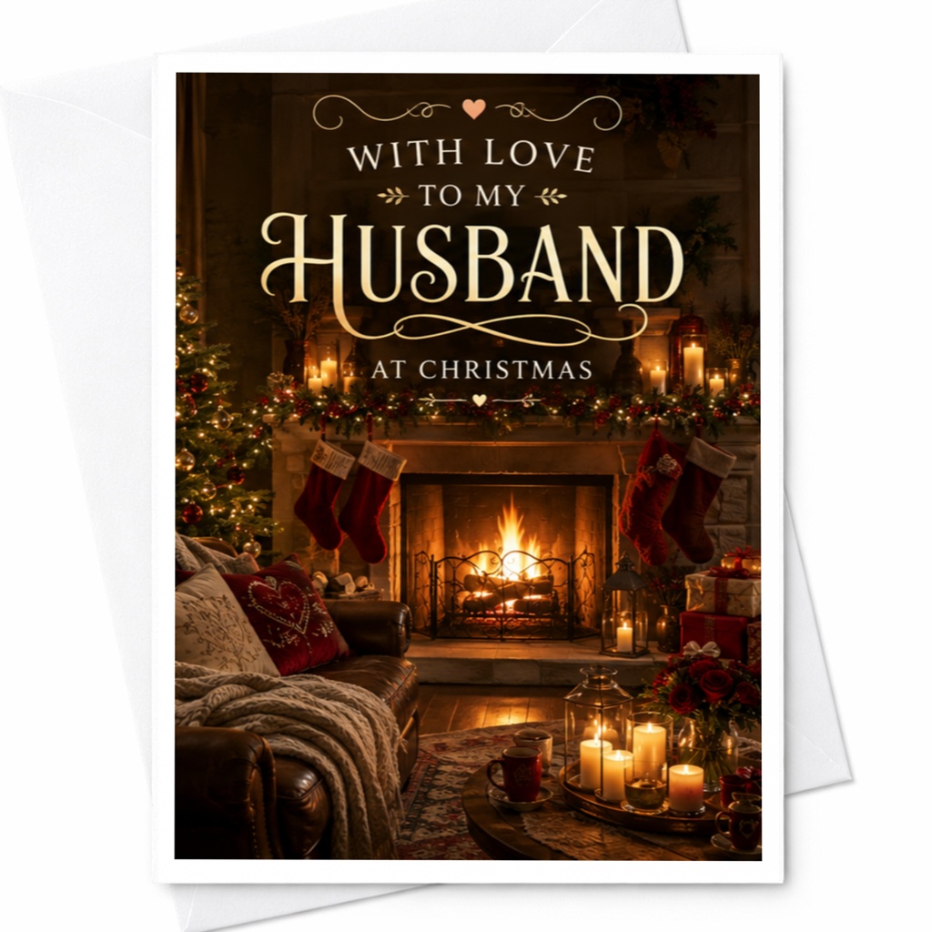 With Love To My Husband At Christmas Romantic Christmas Card For Husband Cozy Holiday Greeting Card Festive Fireplace Scene C4998