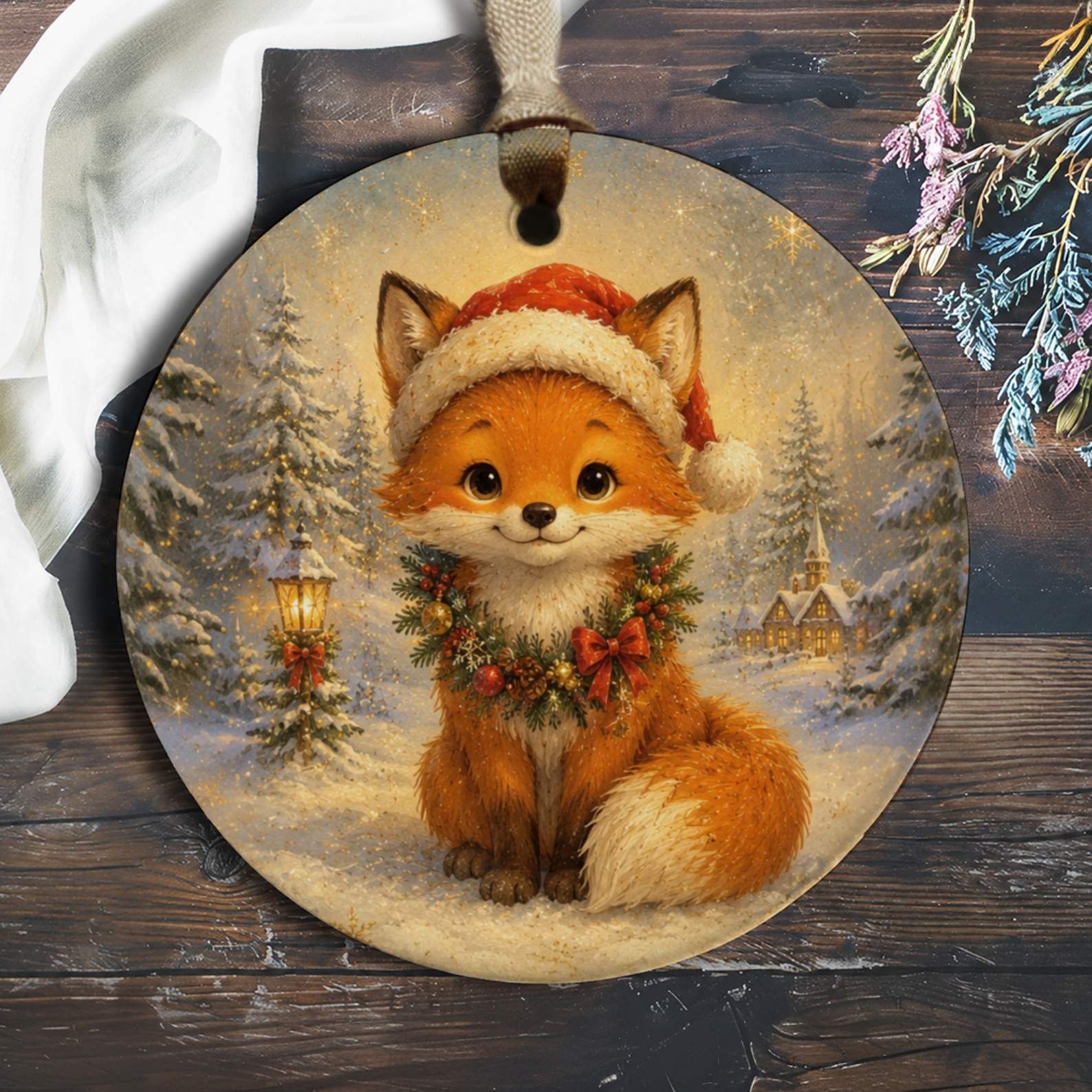 Cute Fox With Santa Hat Christmas Ornament Winter Holiday Decor Woodland Animal Festive Tree Decoration Adorable Gift O908