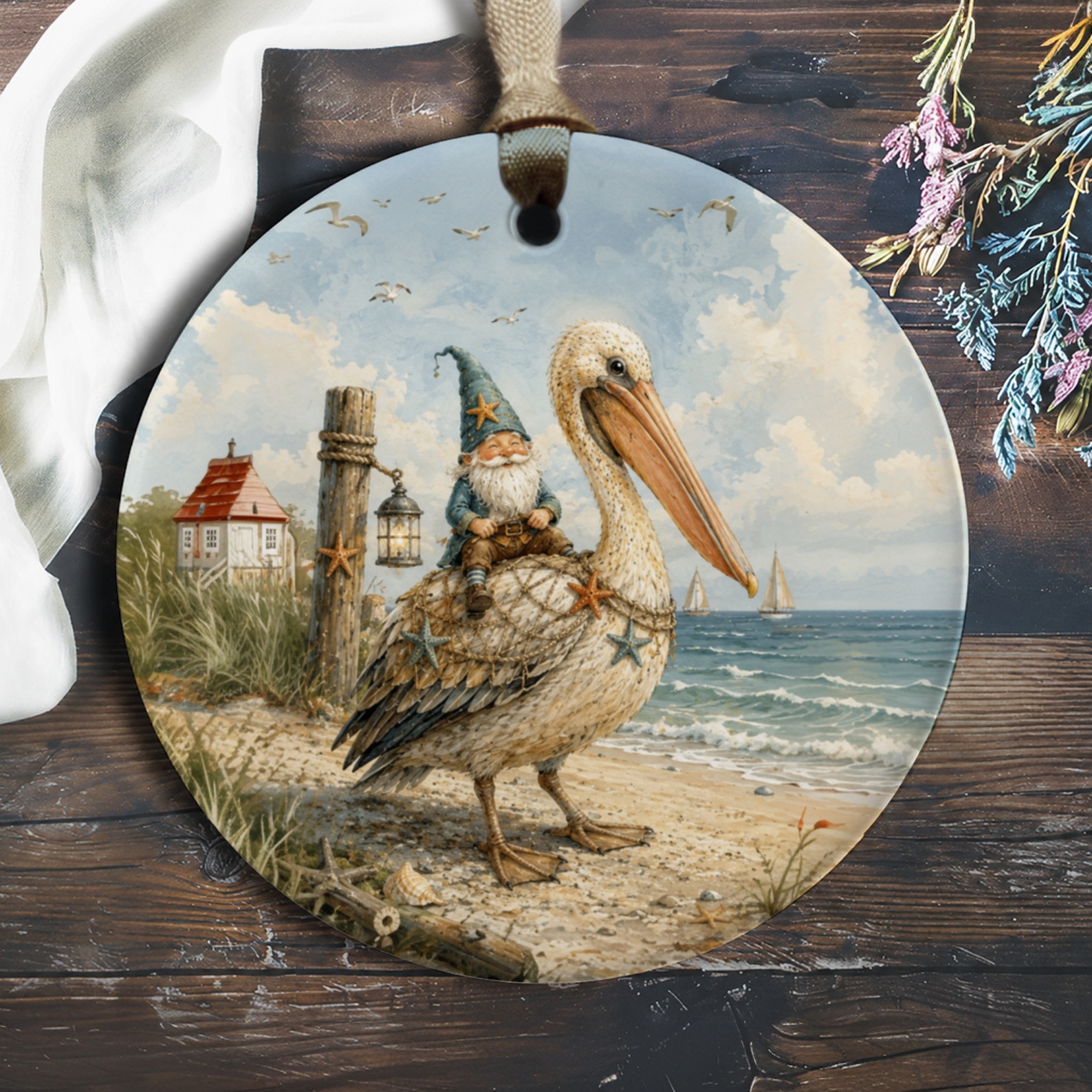 Gnome Riding Pelican Ornament Coastal Beach Decor Nautical Ocean Scene Cute Seaside Hanging Ornament For Home O913