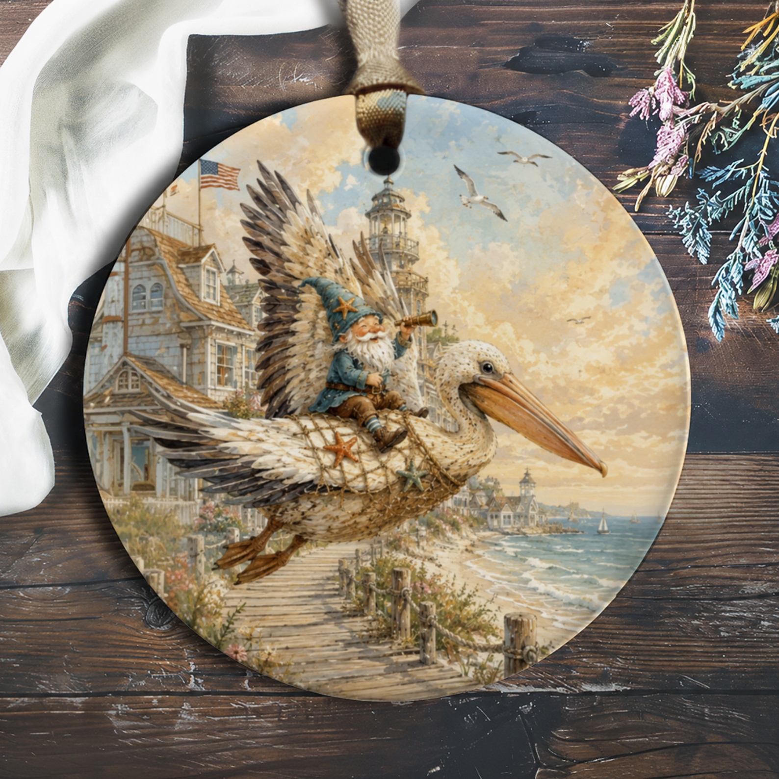 Gnome Riding Pelican Ornament Coastal Seaside Decor Nautical Beach House Decoration Whimsical Ocean Theme Gift O914