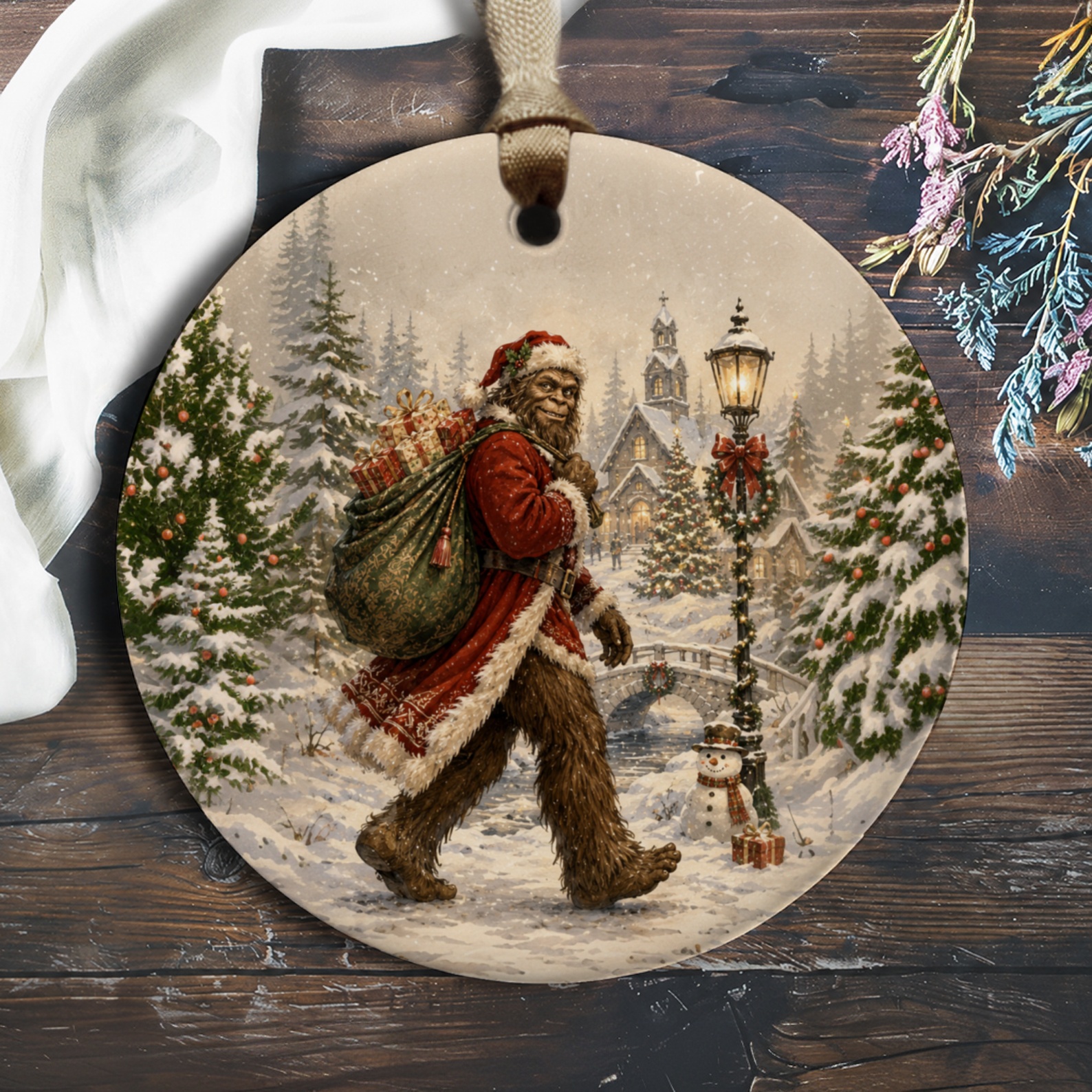 Bigfoot Santa Christmas Ornament Winter Wonderland Holiday Decor Snowy Village Scene Festive Tree Decoration Gift O920