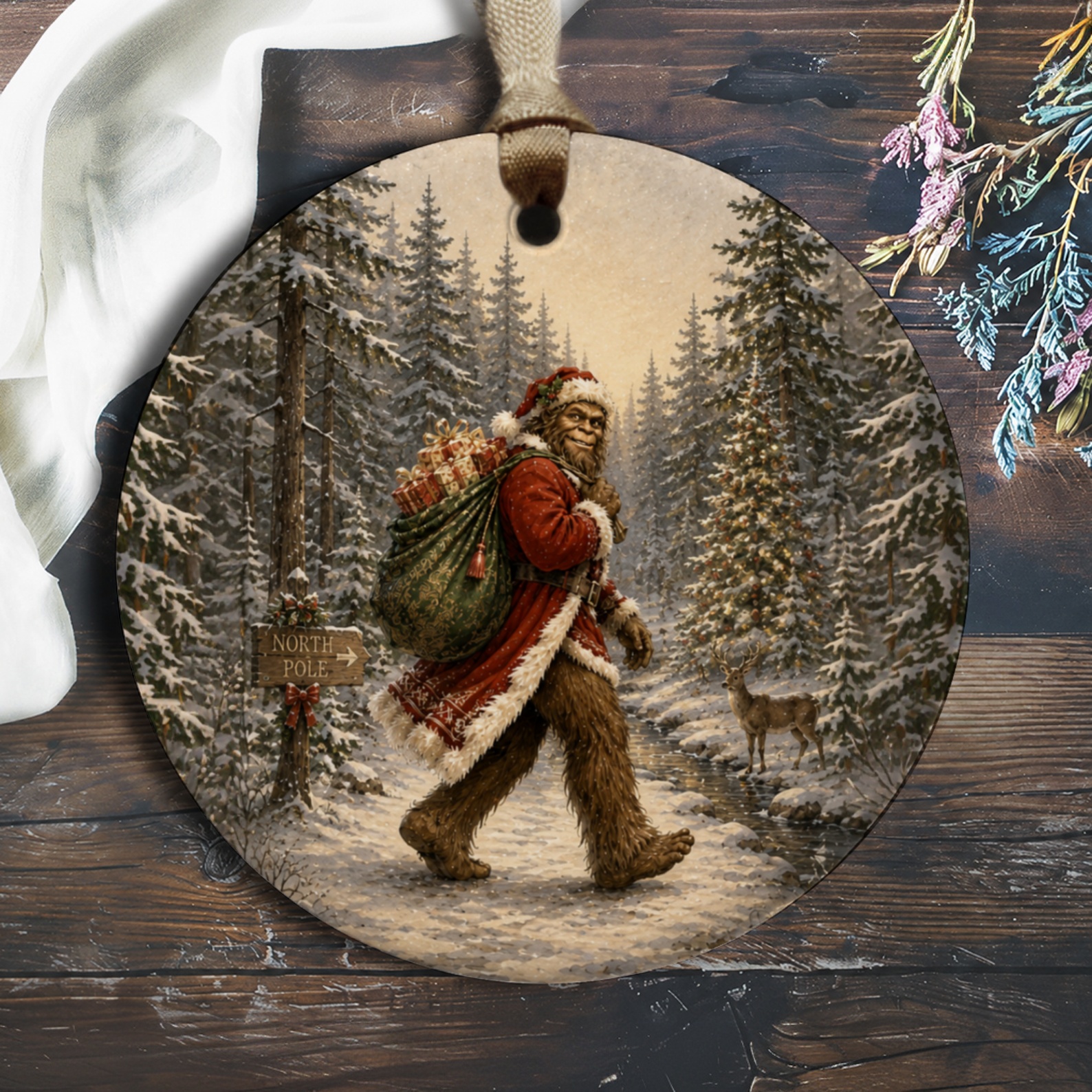 North Pole Bigfoot Santa Ornament Christmas Decor Rustic Holiday Tree Decoration Winter Forest Scene O922