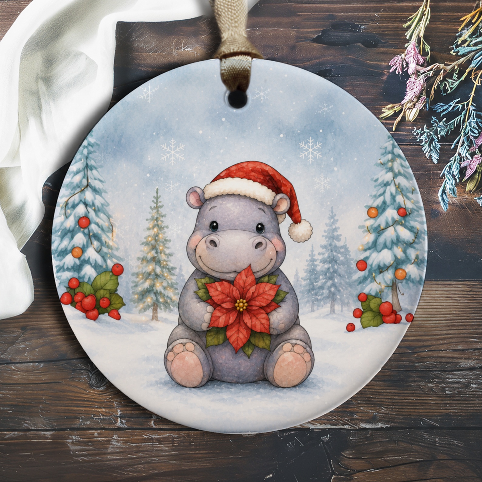 Cute Hippo Christmas Ornament Santa Hat Poinsettia Winter Scene Holiday Decor Adorable Animal Ornament For Kids O923