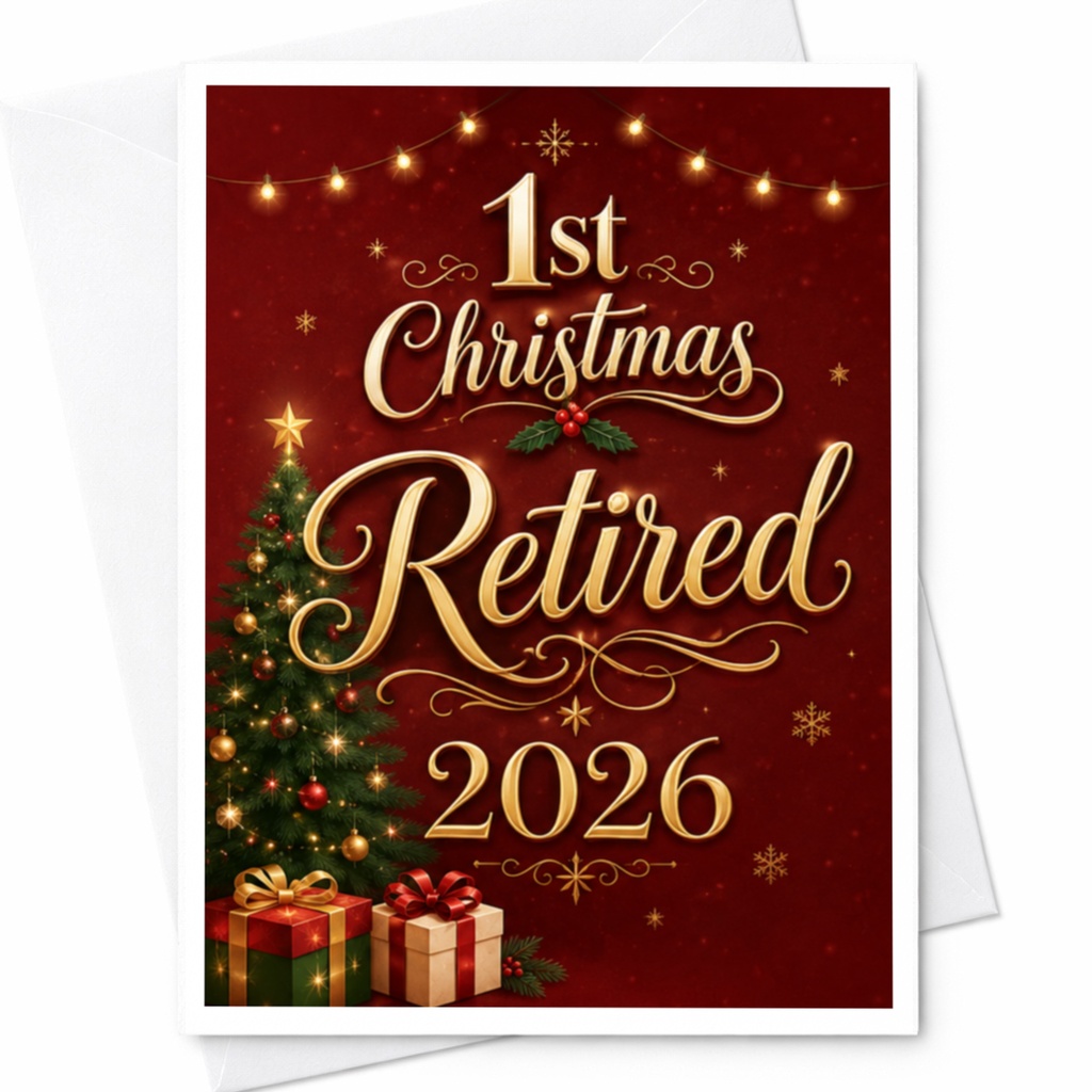 1st Christmas Retired 2026 Christmas Card For Retiree Holiday Greeting Card Festive Tree With Gifts Celebration C5008