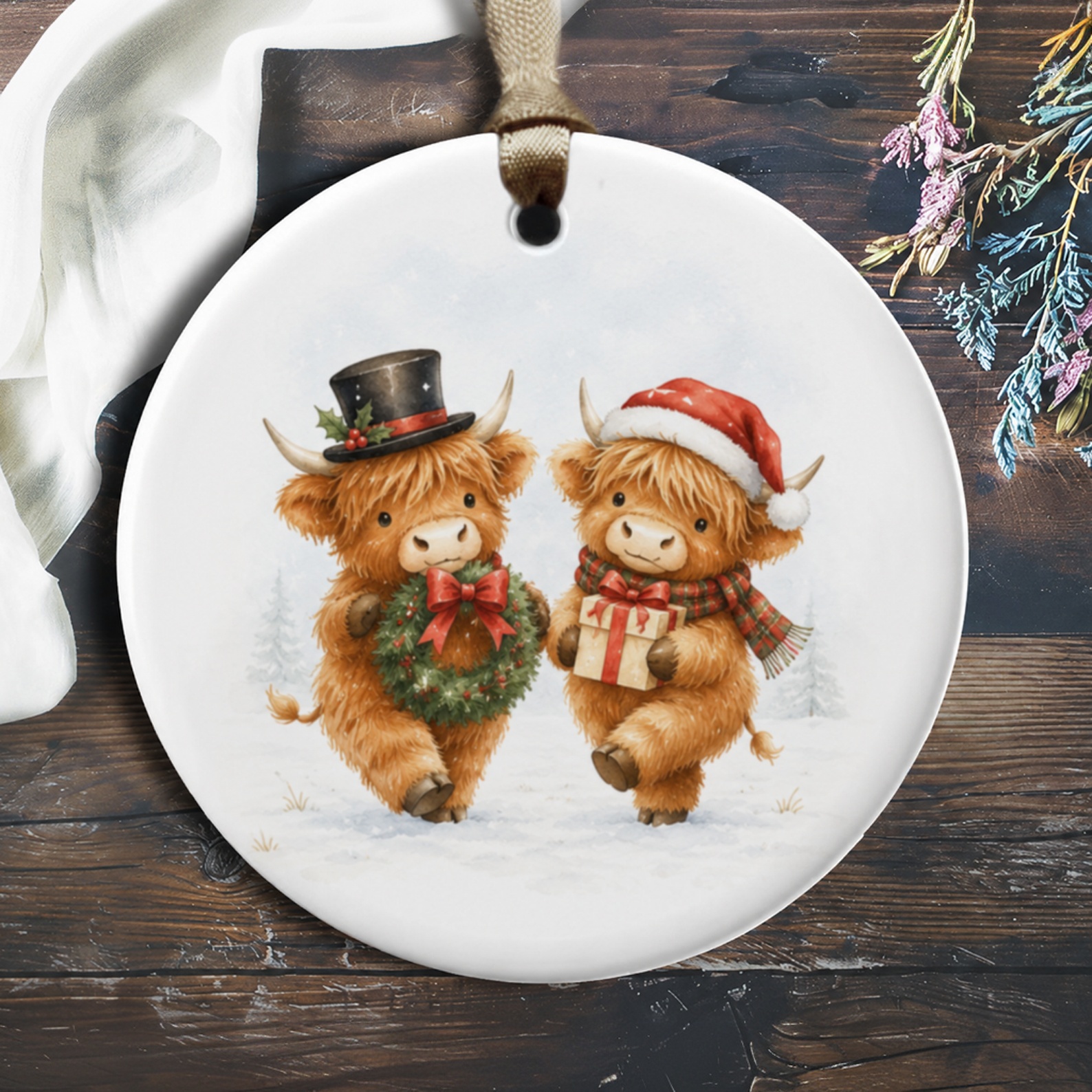 Highland Cow Christmas Ornament Cute Holiday Decor Festive Animal Ornament Winter Gift For Cow Lover Rustic Christmas Tree O932
