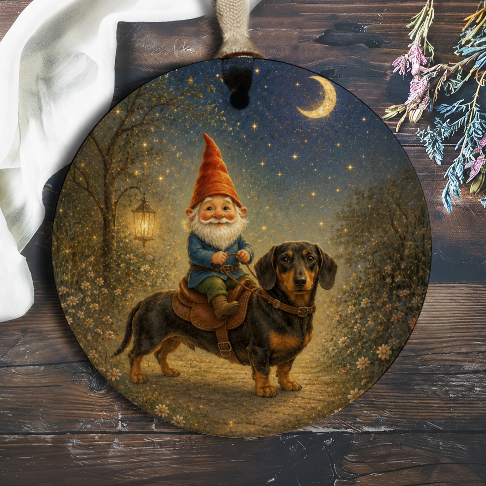 Gnome Riding Dachshund Ornament Whimsical Night Scene Cute Dog Lover Gift Fantasy Garden Decor Magical Home Accent O897
