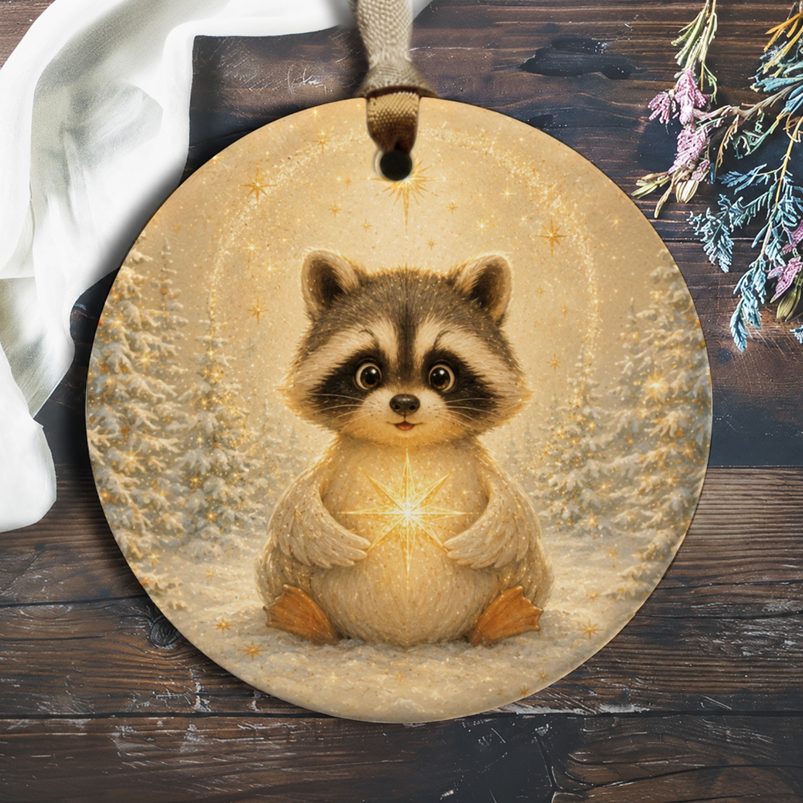 Cute Raccoon With Star Christmas Ornament Woodland Animal Decor Holiday Tree Decoration Winter Forest Scene O900