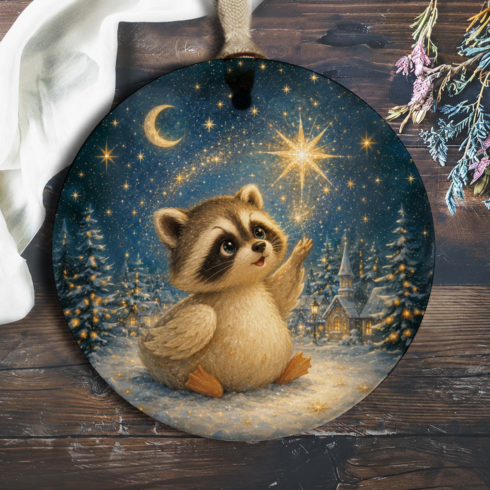Cute Raccoon Christmas Ornament Starry Night Winter Scene Holiday Decor Woodland Animal Ornament For Tree O901