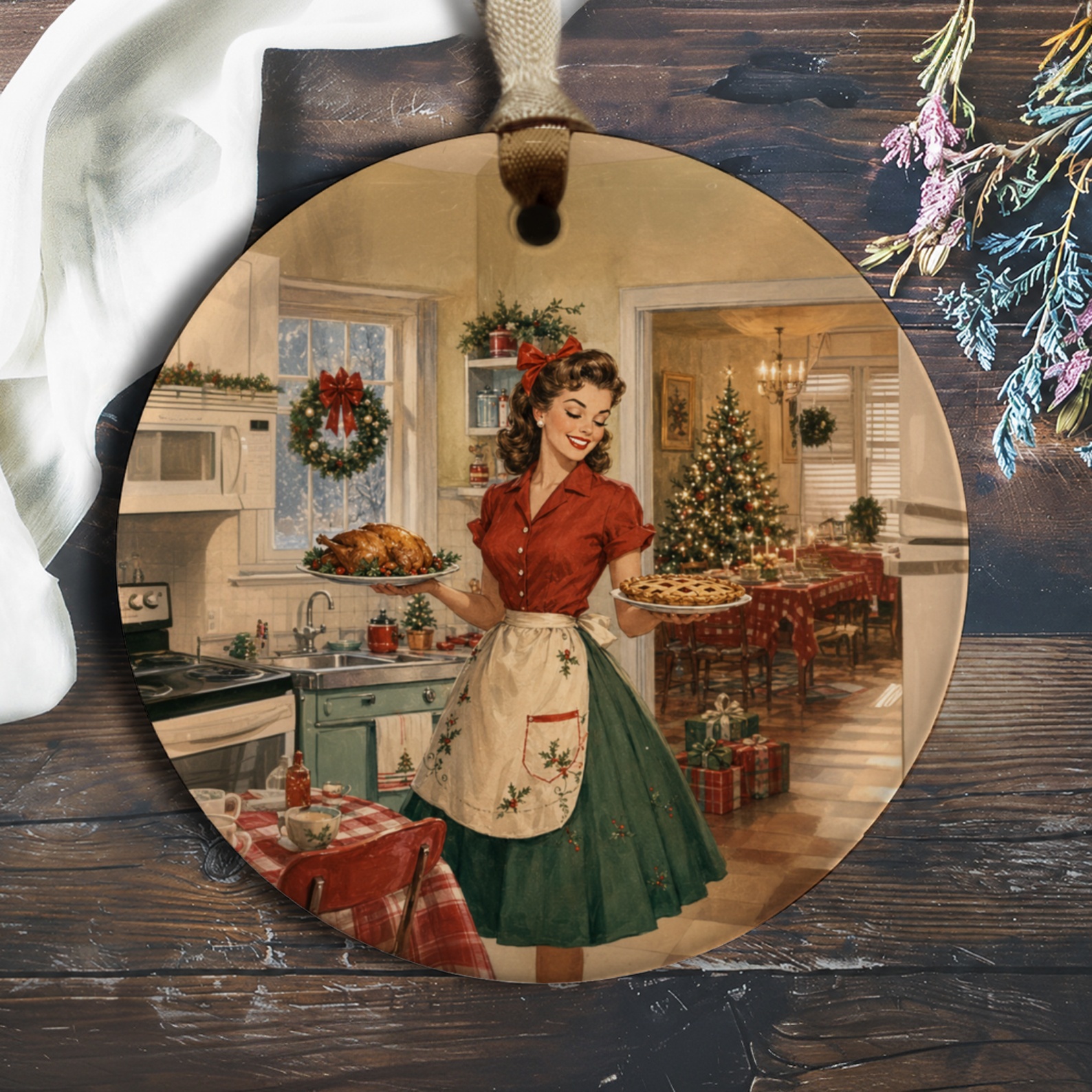 Vintage Christmas Ornament Retro Holiday Kitchen Scene Festive Home Decor Classic Christmas Tree Decoration Gift O940