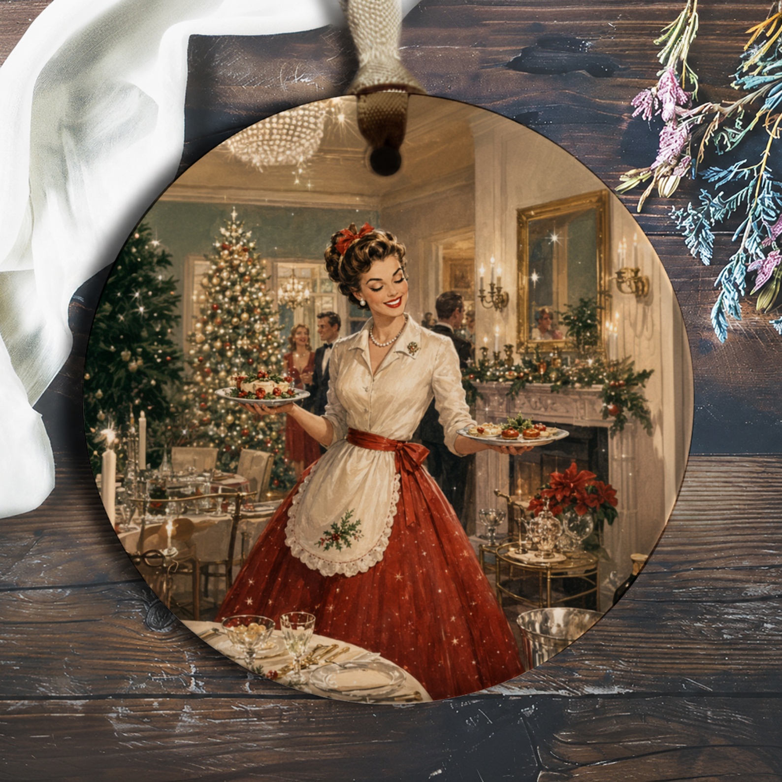 Vintage Christmas Ornament Holiday Dinner Scene Retro Festive Decor Classic Christmas Tree Ornament For Home Seasonal Decoration O941