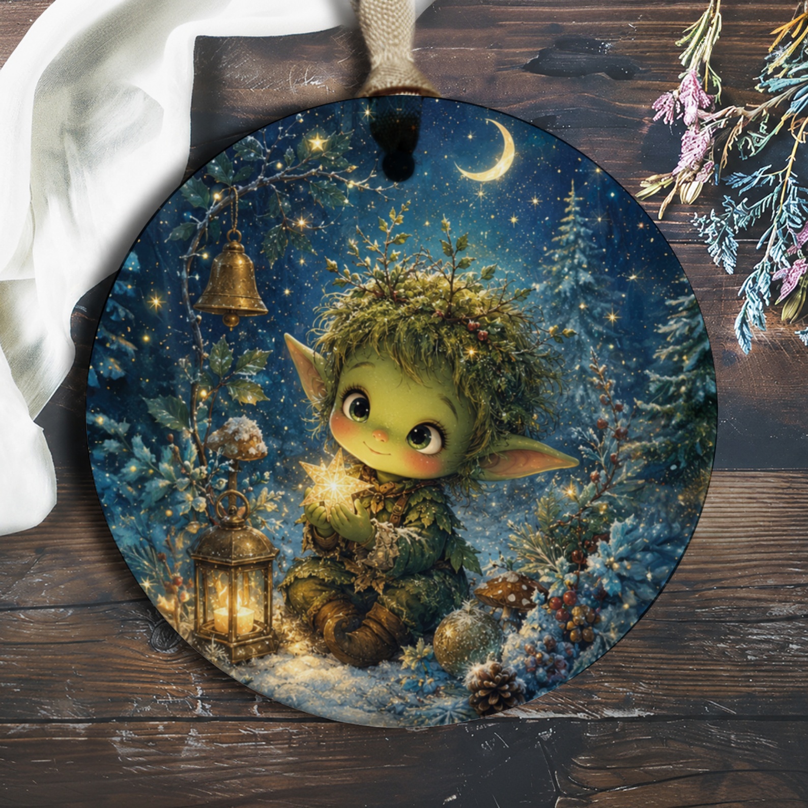 Cute Forest Elf Ornament Christmas Decoration Fantasy Art Holiday Decor Magical Woodland Scene Winter Ornament O943