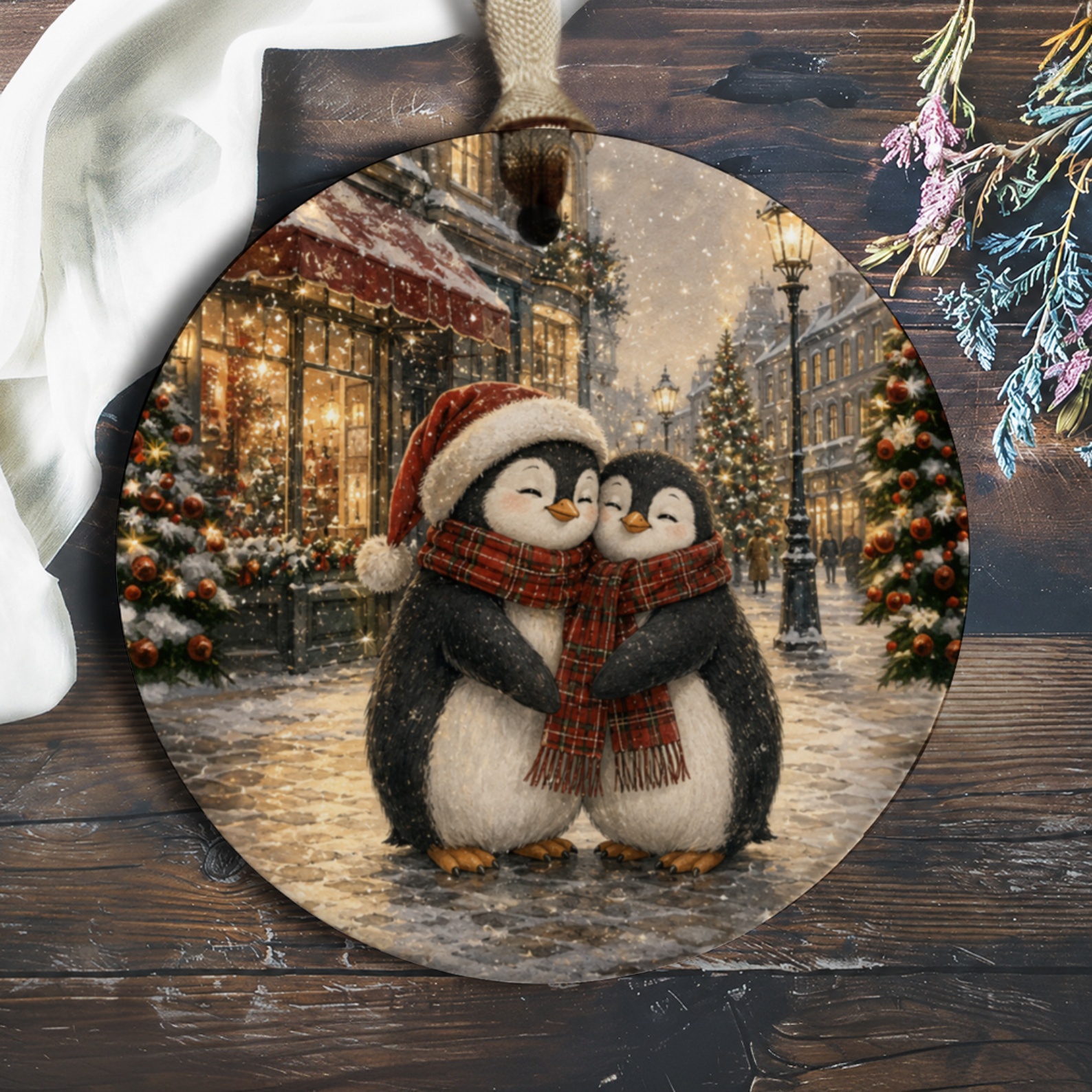 Penguin Couple Christmas Ornament Cute Winter Scene Holiday Decor Adorable Animal Ornament For Tree Festive Gift Idea O944
