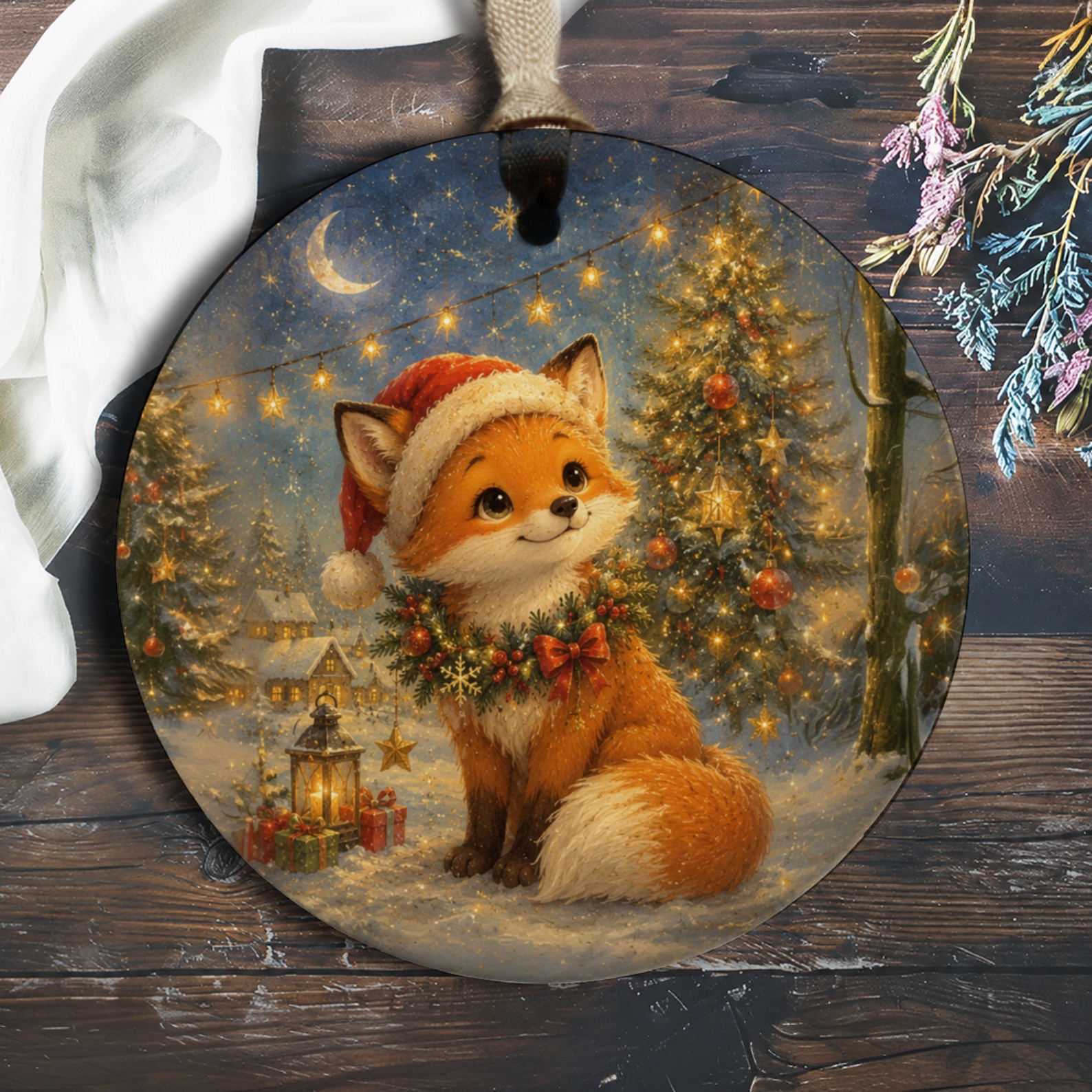 Cute Fox With Santa Hat Christmas Ornament Festive Holiday Decor Woodland Animal Winter Scene For Tree Decoration O909