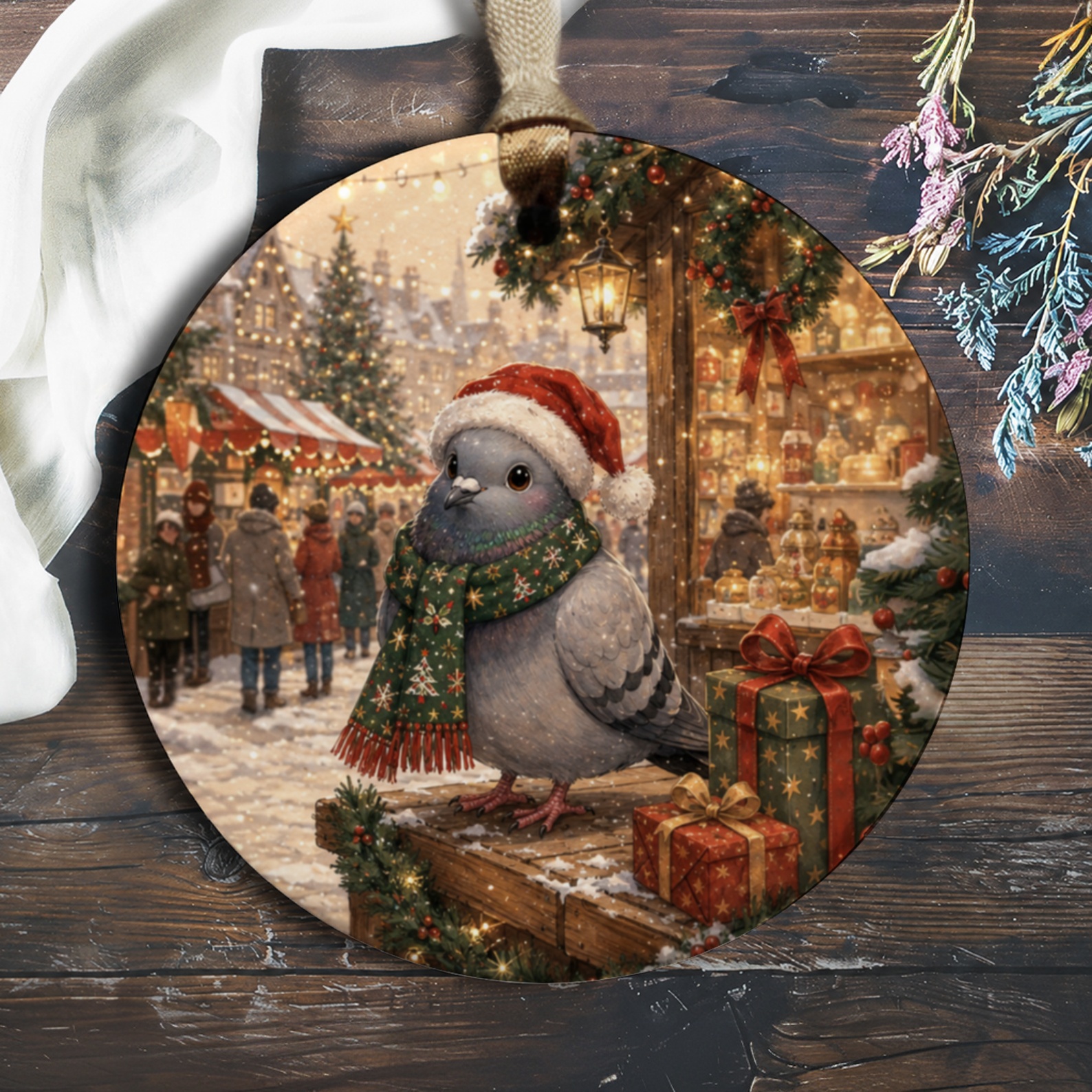 Christmas Pigeon Ornament Cute Holiday Decor Santa Hat Scarf Winter Scene Festive Gift For Bird Lover Christmas Tree Decoration O953