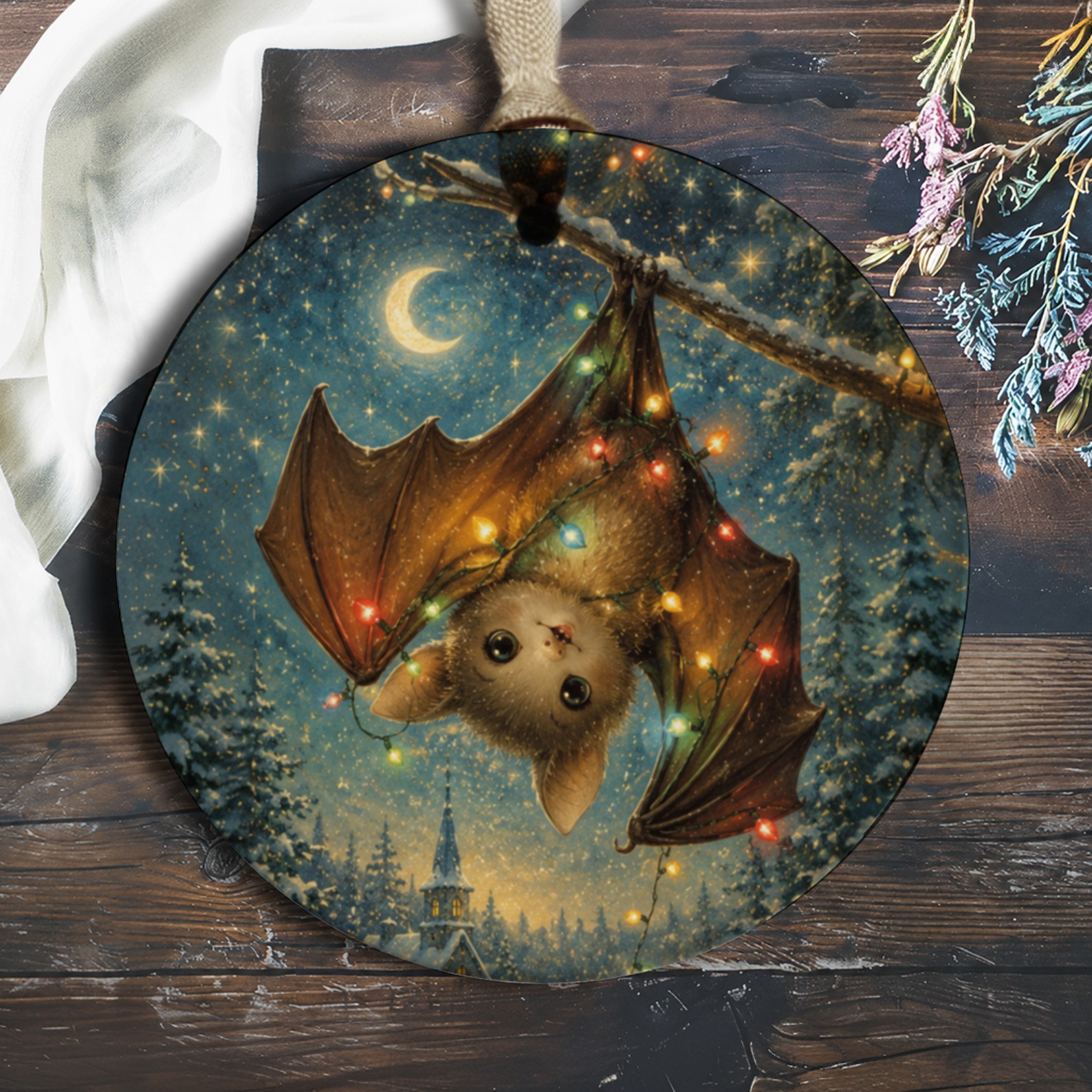 Cute Bat Christmas Ornament Holiday Decor Hanging Bat With Lights Winter Night Scene Adorable Animal Lover Gift O918