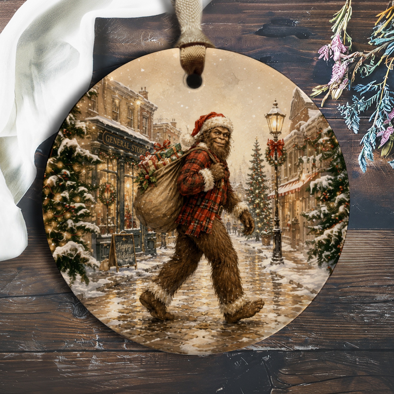 Happy Holidays Bigfoot Christmas Ornament Santa Hat Festive Decor Holiday Tree Decoration Winter Wonderland Scene O919